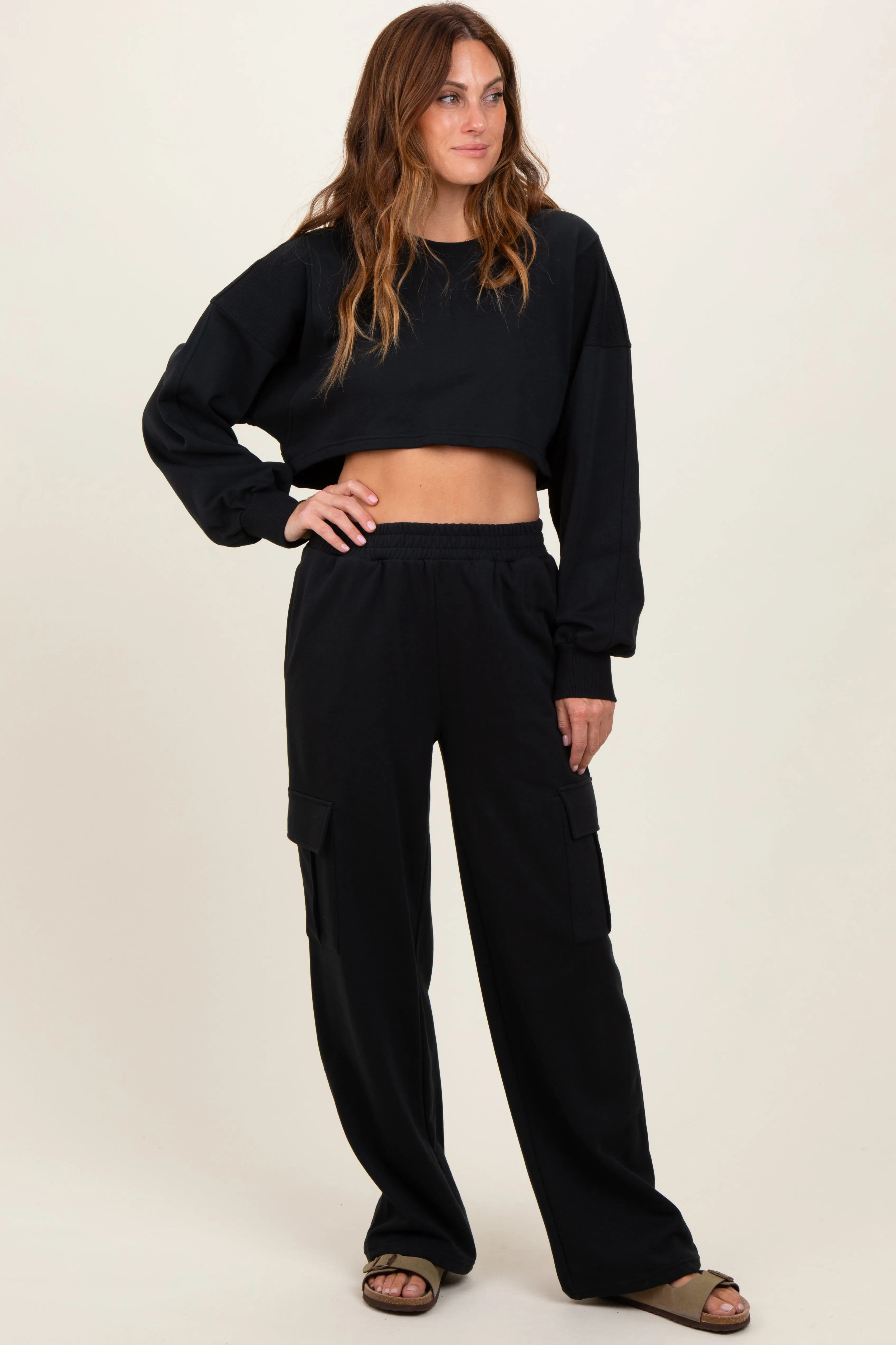 Black Oversized Crop Sweatshirt Cargo Sweatpant Maternity Set sold by Pinkblush product image thumbnail 3