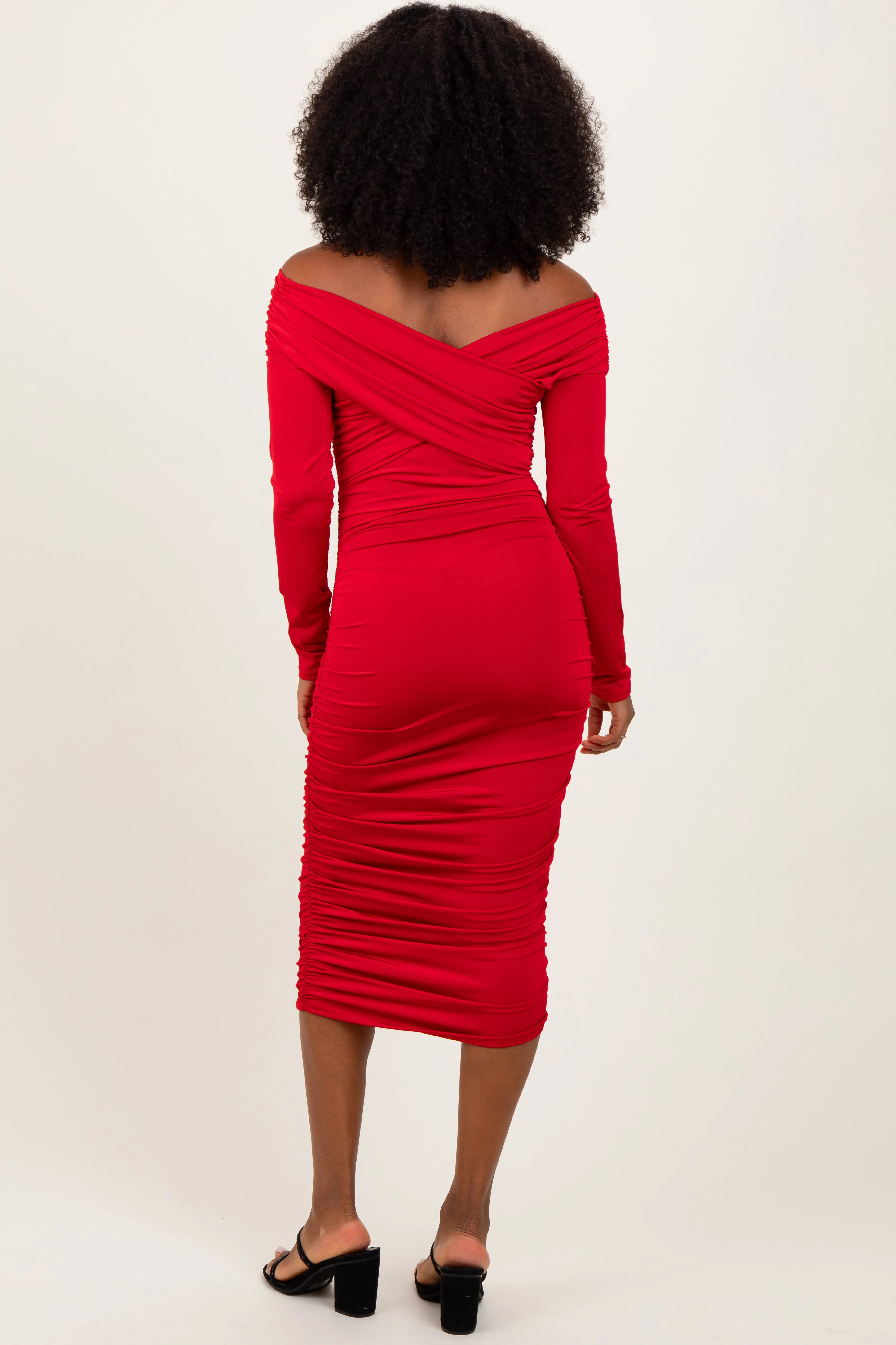 Red Off Shoulder Ruched Long Sleeve Midi Dress sold by Pinkblush product image thumbnail 4