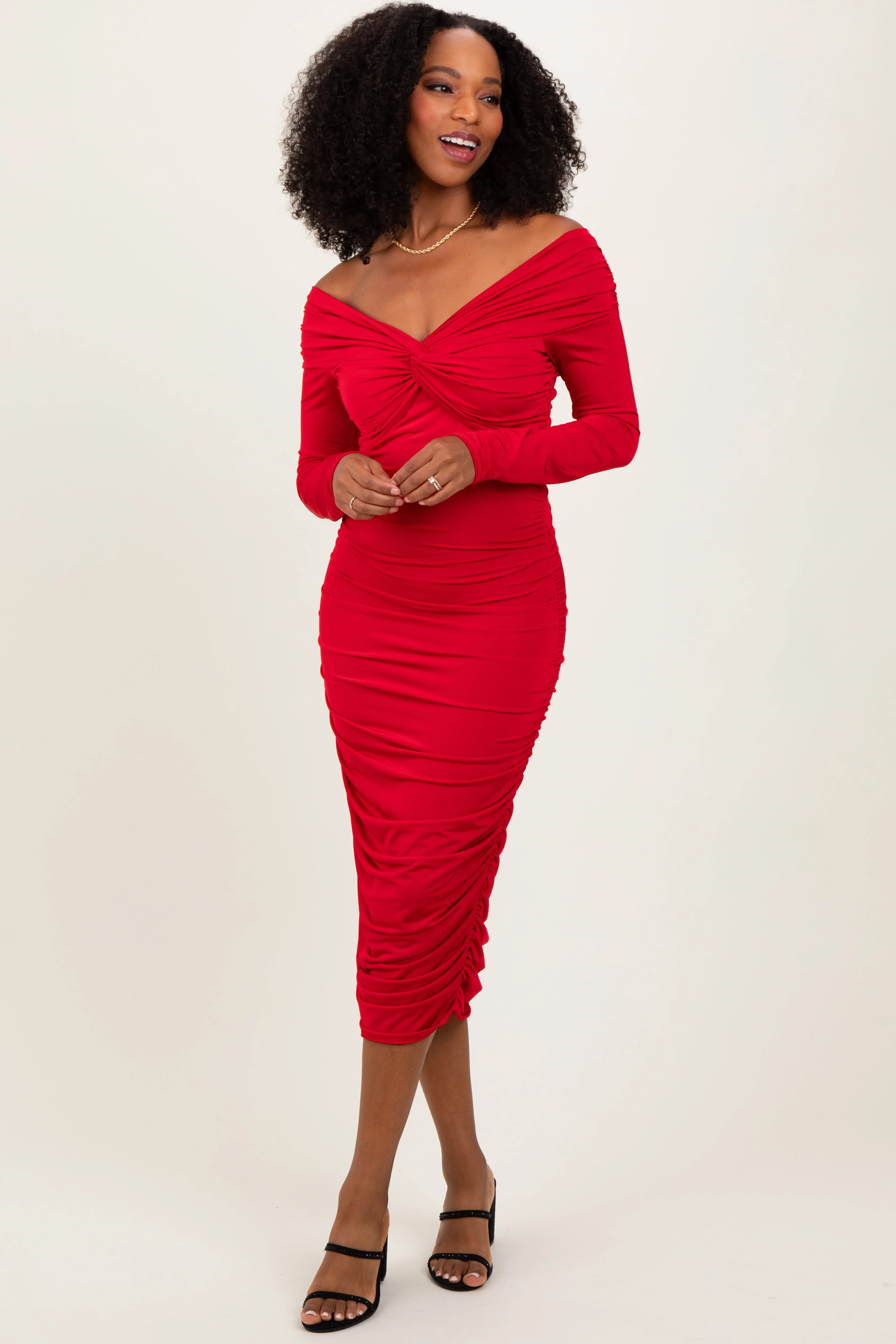 Red Off Shoulder Ruched Long Sleeve Midi Dress sold by Pinkblush