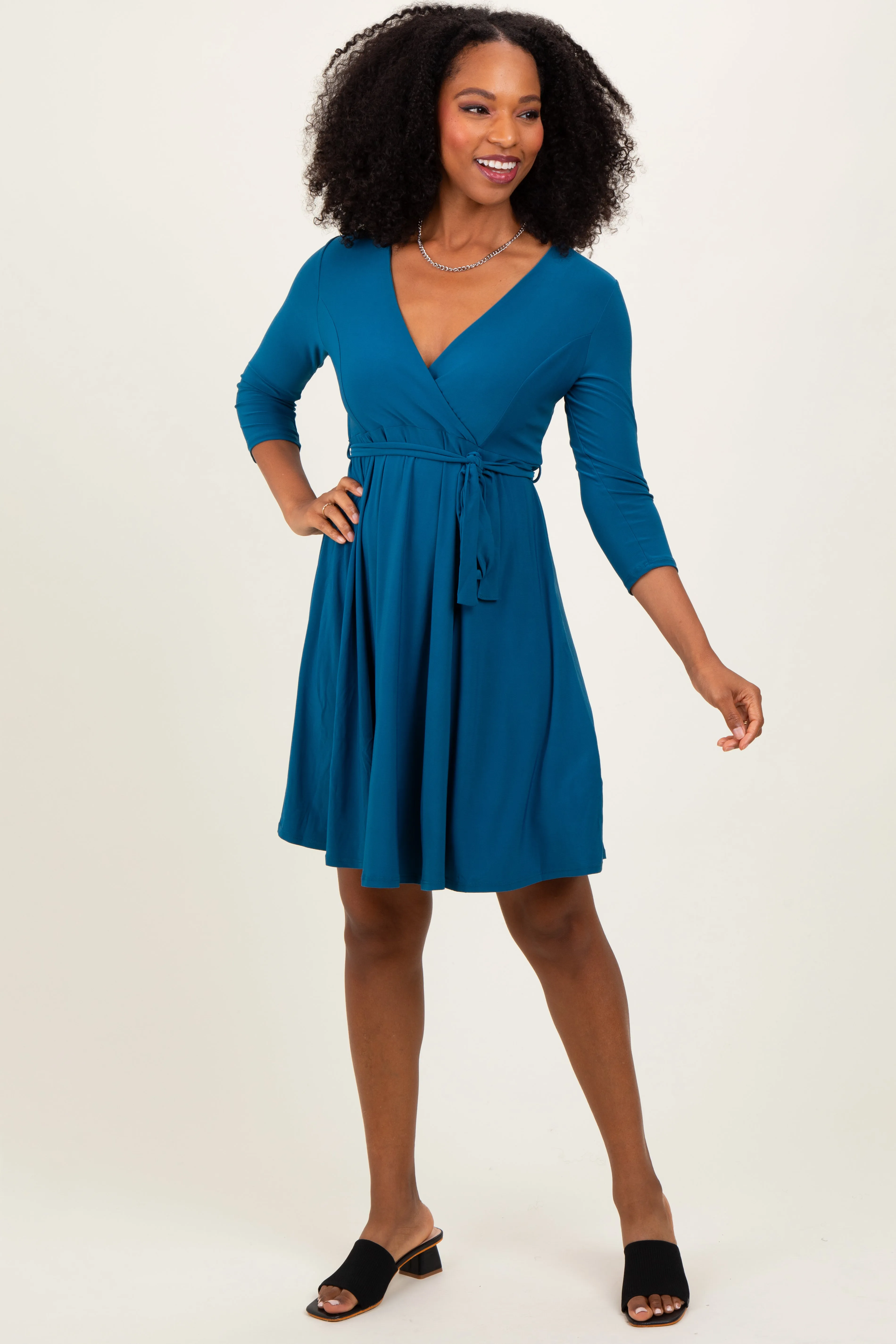 Teal 3/4 Sleeve Nursing Sash Tie Wrap Dress sold by Pinkblush product image thumbnail 3