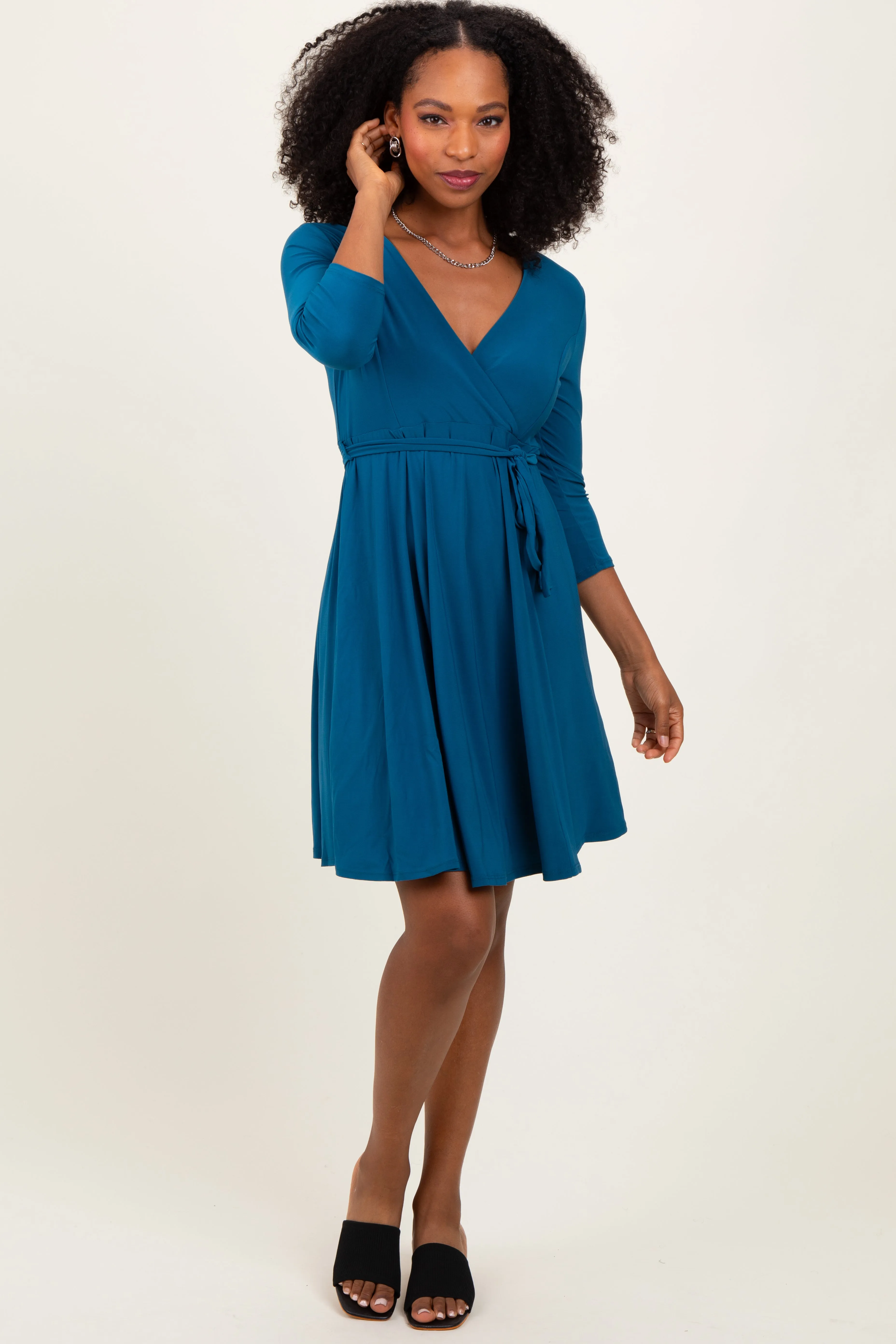 Teal 3/4 Sleeve Nursing Sash Tie Wrap Dress sold by Pinkblush product image thumbnail 2