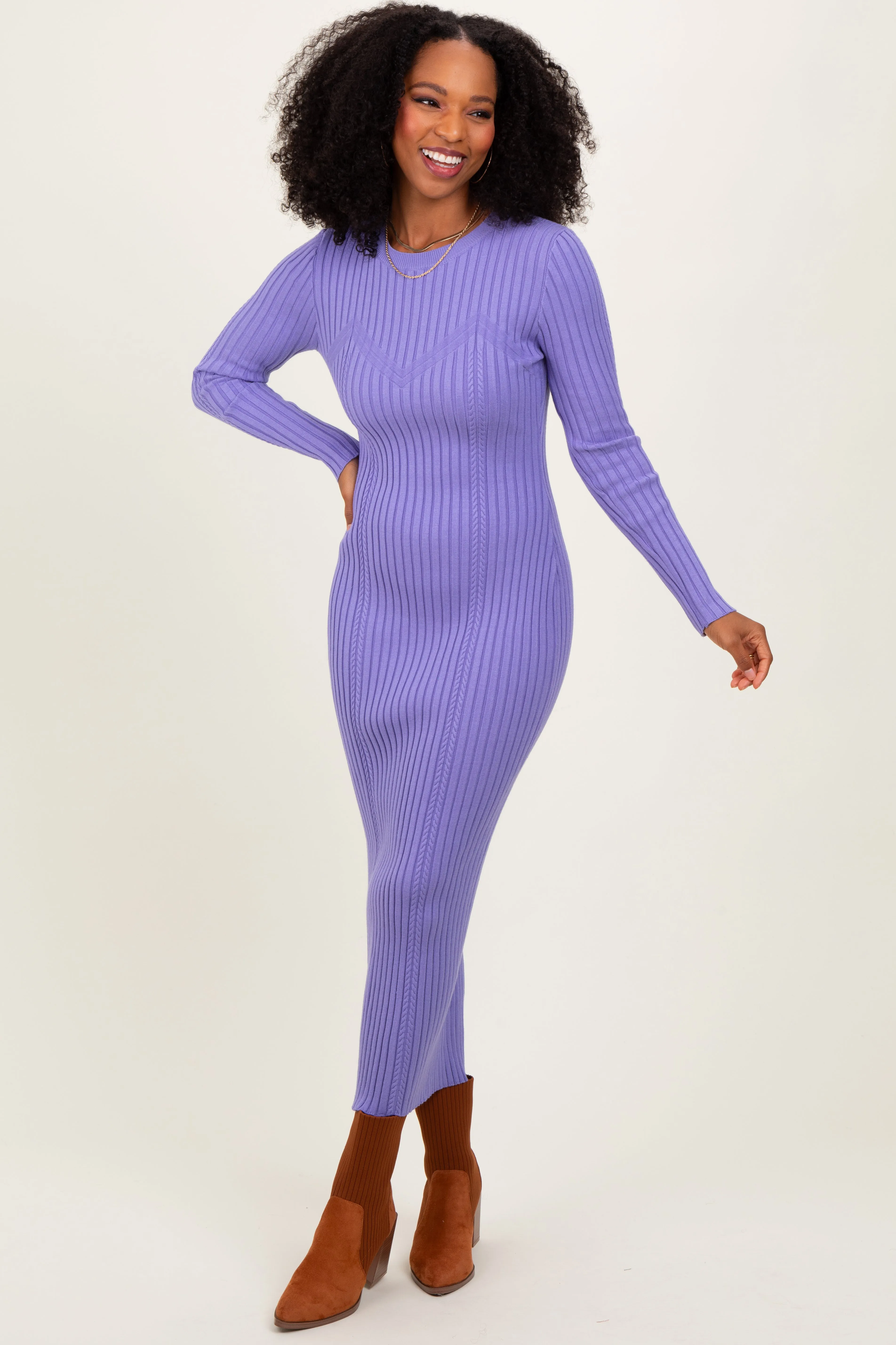 Lavender Contrast Ribbed Knit Midi Dress sold by Pinkblush product image thumbnail 2