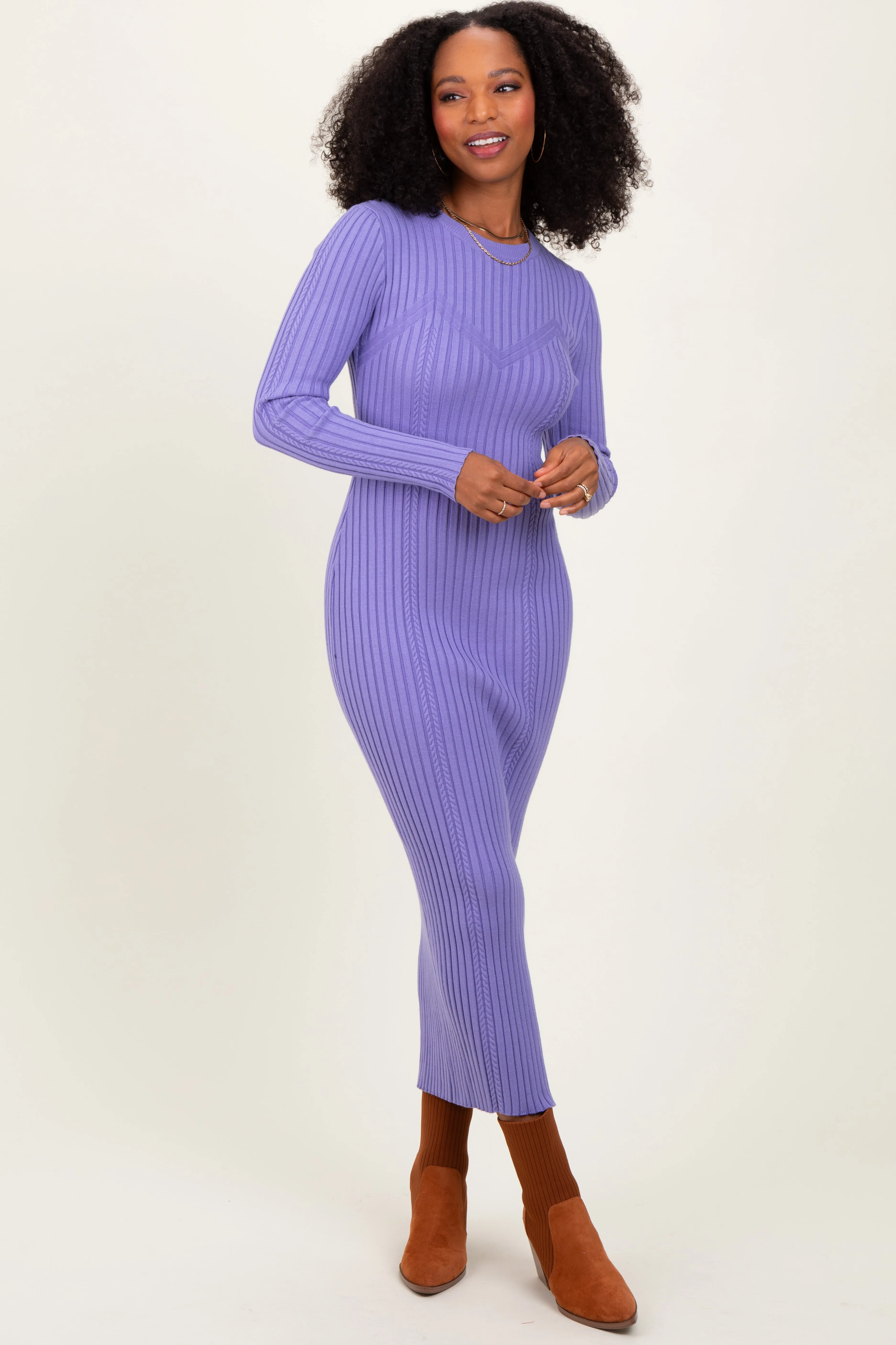 Lavender Contrast Ribbed Knit Midi Dress sold by Pinkblush