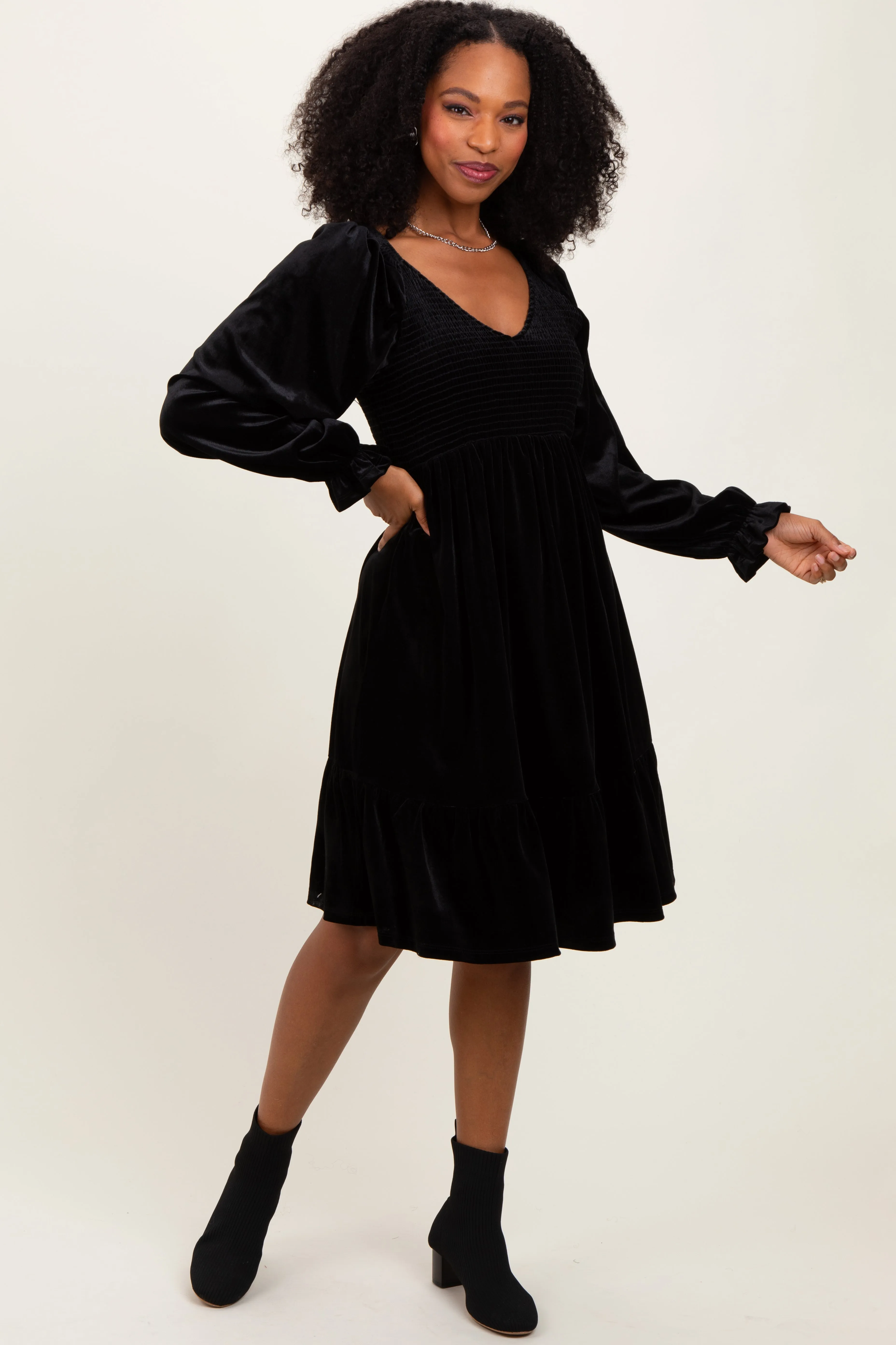 Black Velvet Smocked Long Sleeve Dress sold by Pinkblush product image thumbnail 2