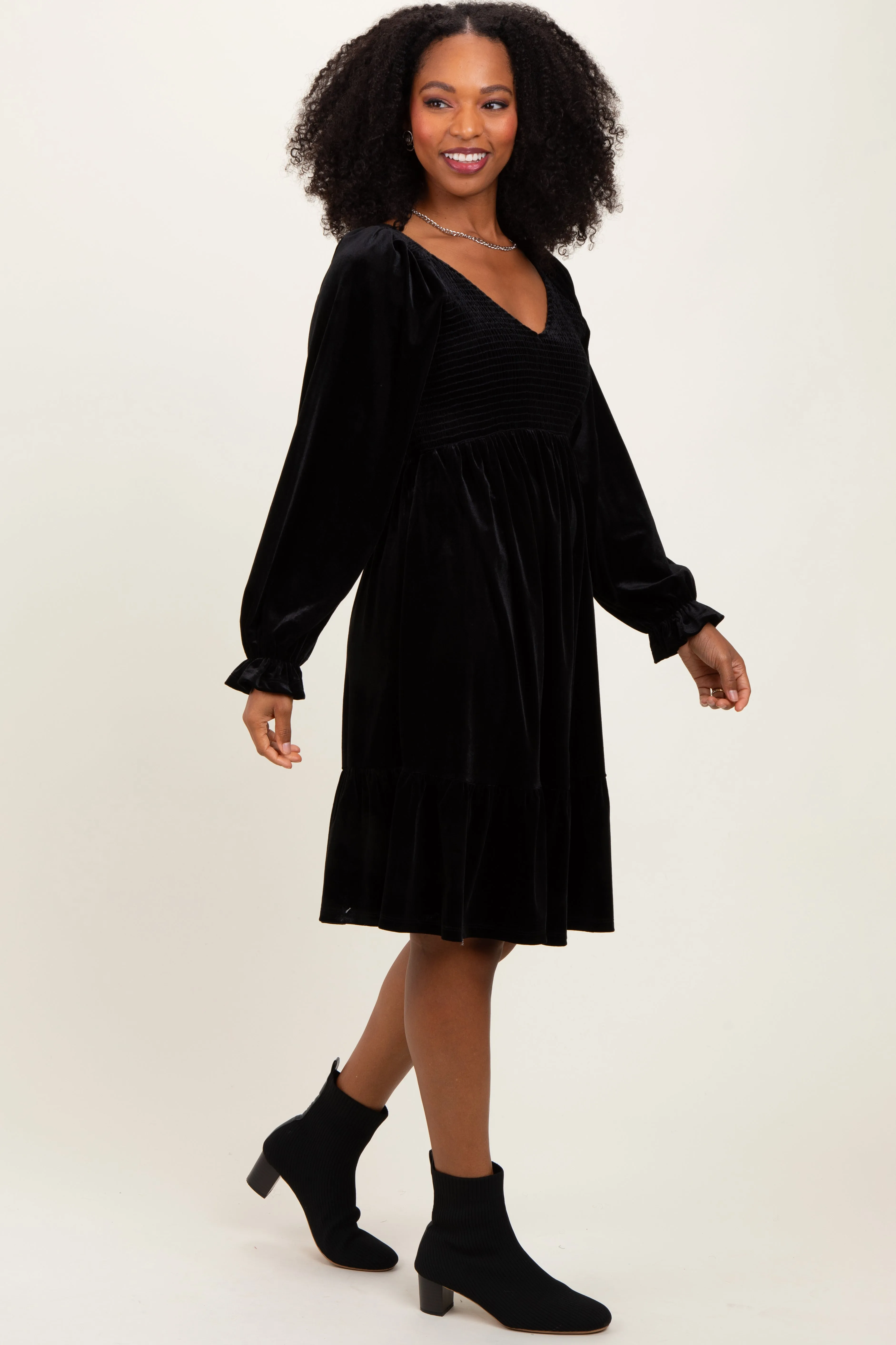 Black Velvet Smocked Long Sleeve Dress sold by Pinkblush product image thumbnail 3
