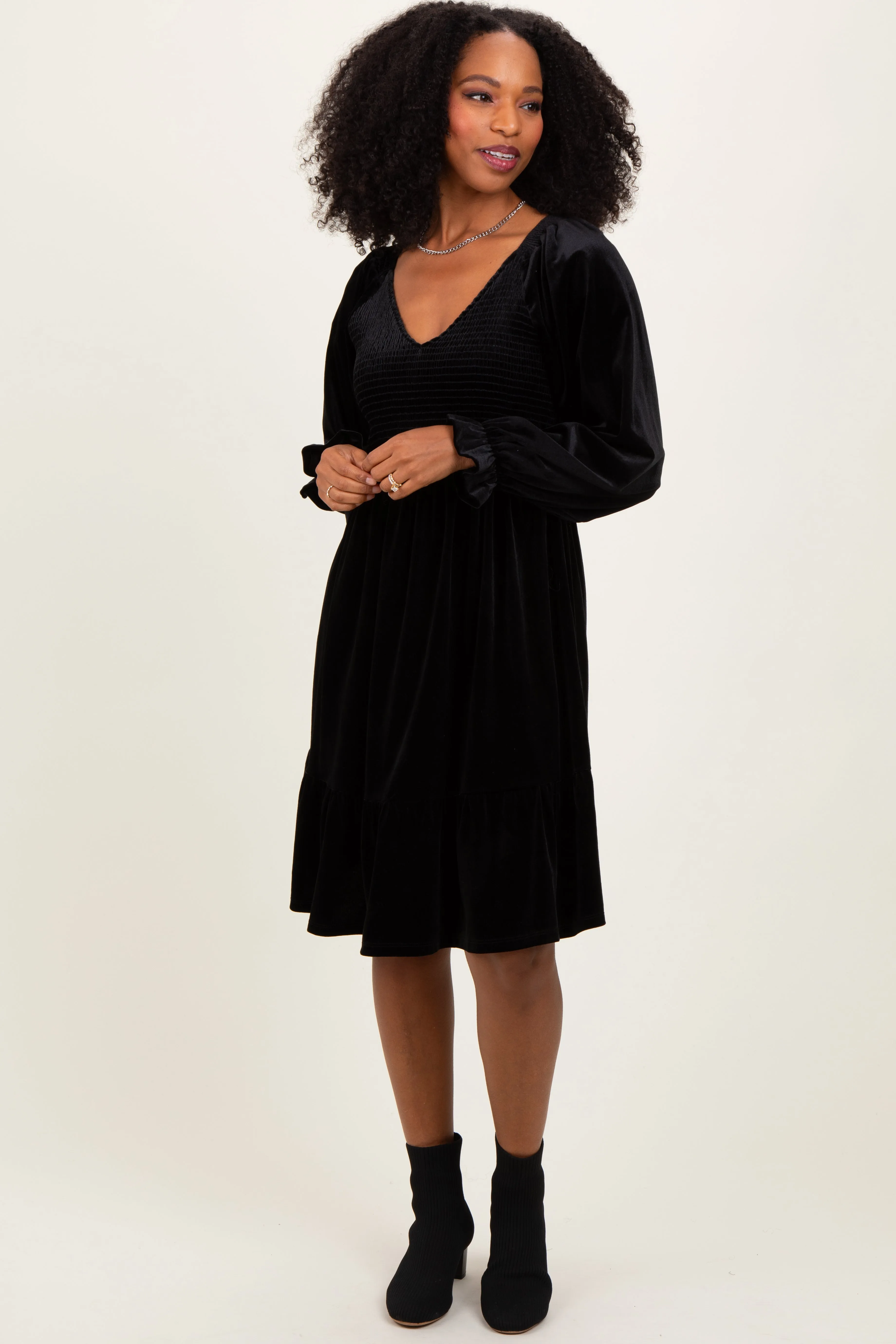 Black Velvet Smocked Long Sleeve Dress sold by Pinkblush
