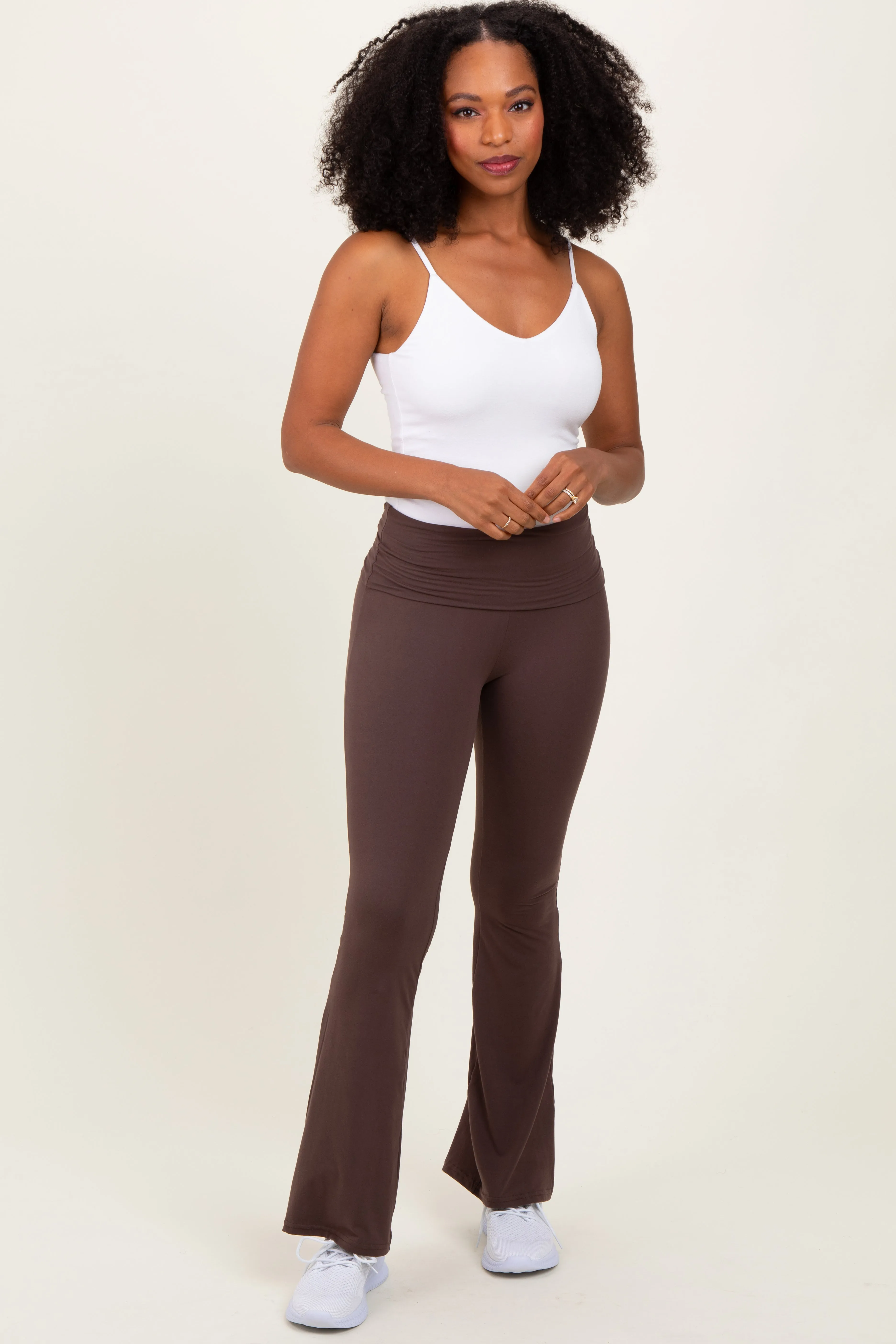 Brown Fold Over Waistband Flared Pants sold by Pinkblush