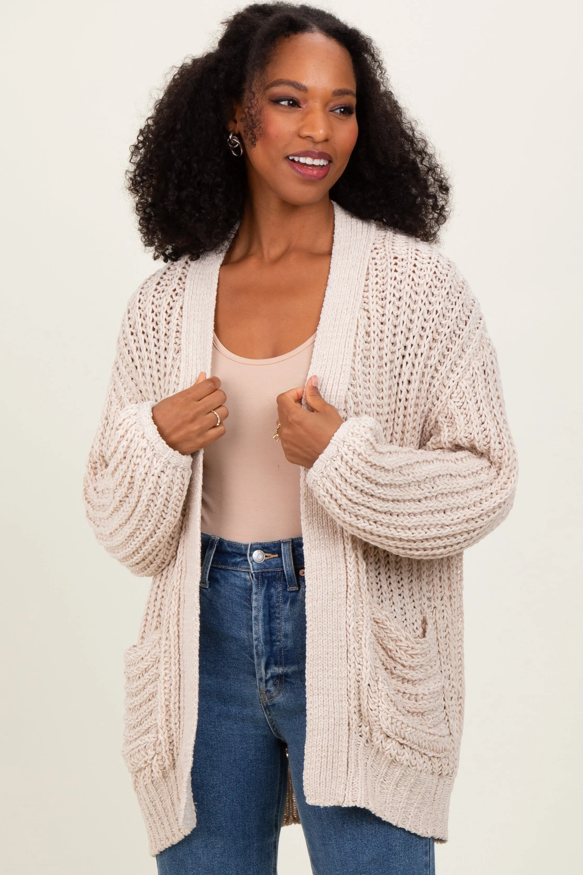Beige Chunky Knit Oversized Pocket Cardigan sold by Pinkblush