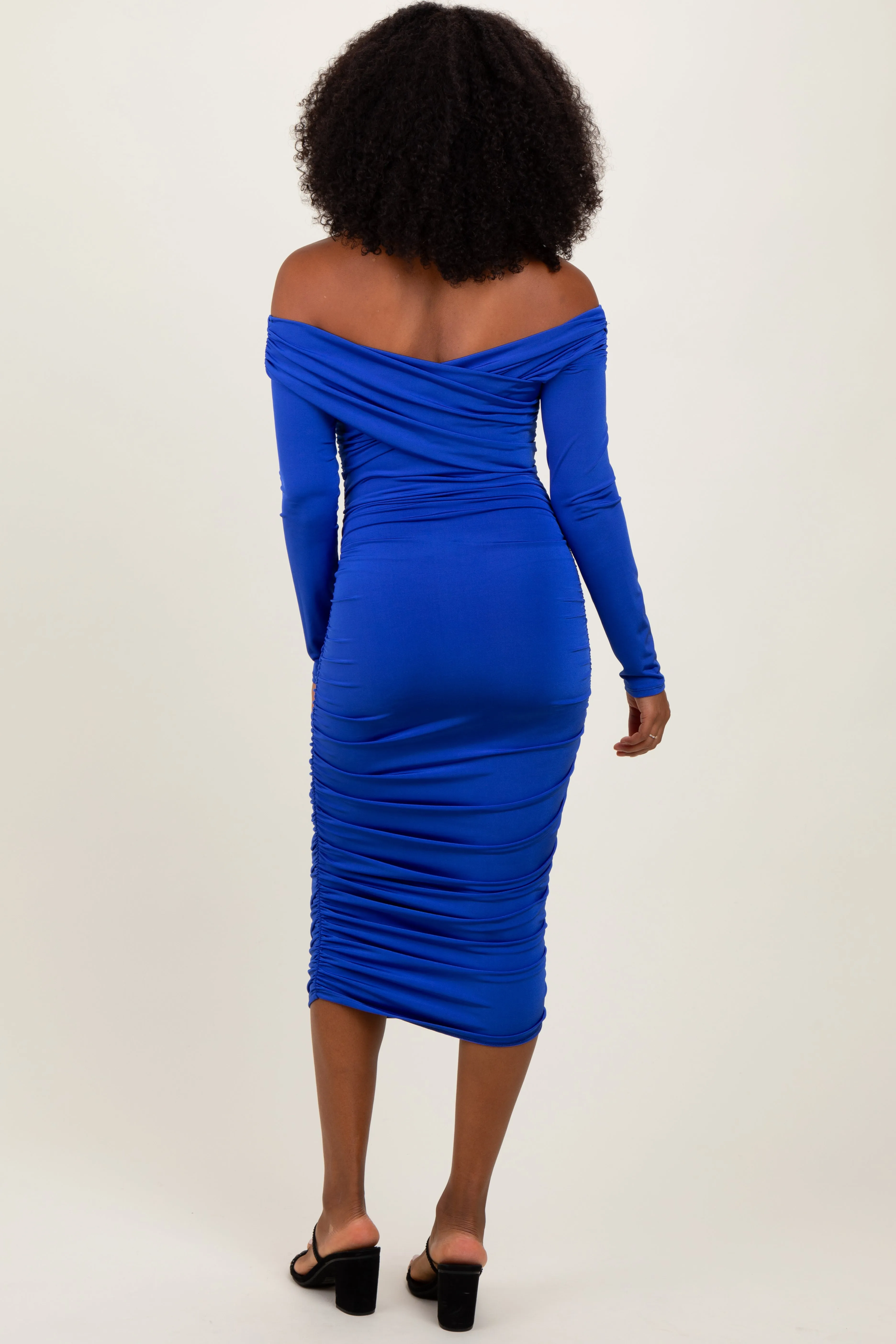 Royal Blue Off Shoulder Ruched Long Sleeve Midi Dress sold by Pinkblush product image thumbnail 4