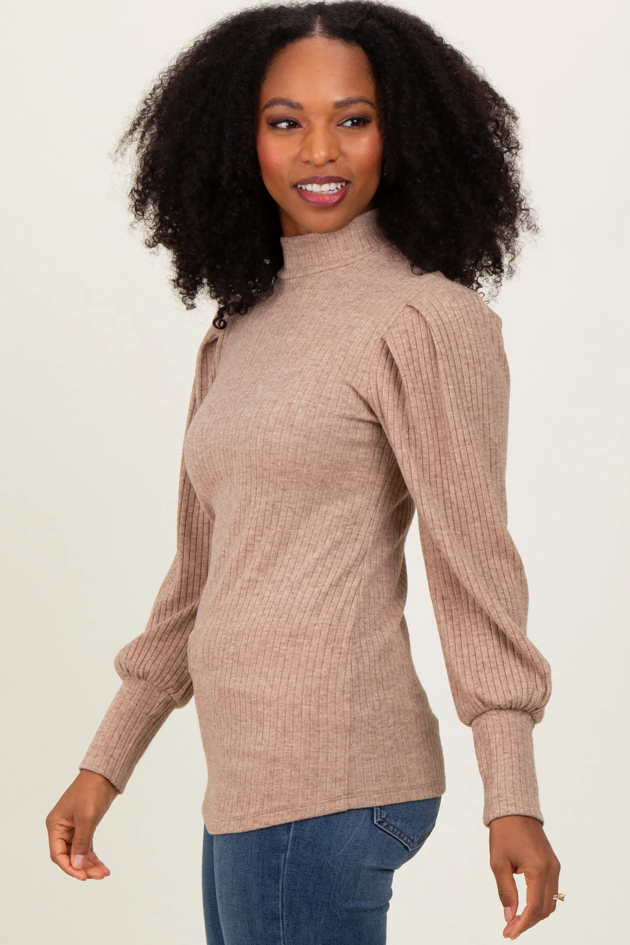Mocha Ribbed Mock Neck Bubble Sleeve Top sold by Pinkblush product image thumbnail 3