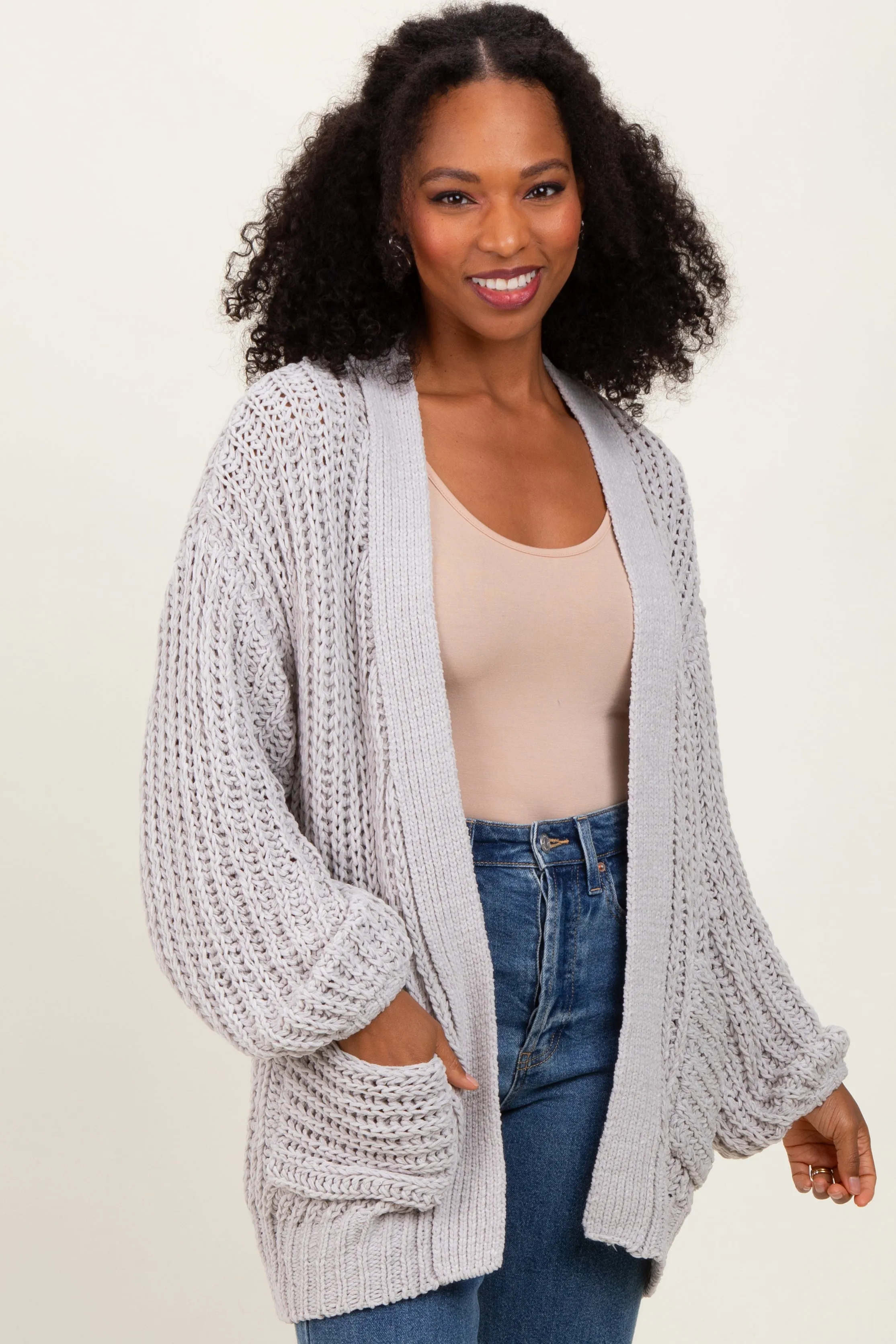 Heather Grey Chunky Knit Oversized Pocket Cardigan sold by Pinkblush