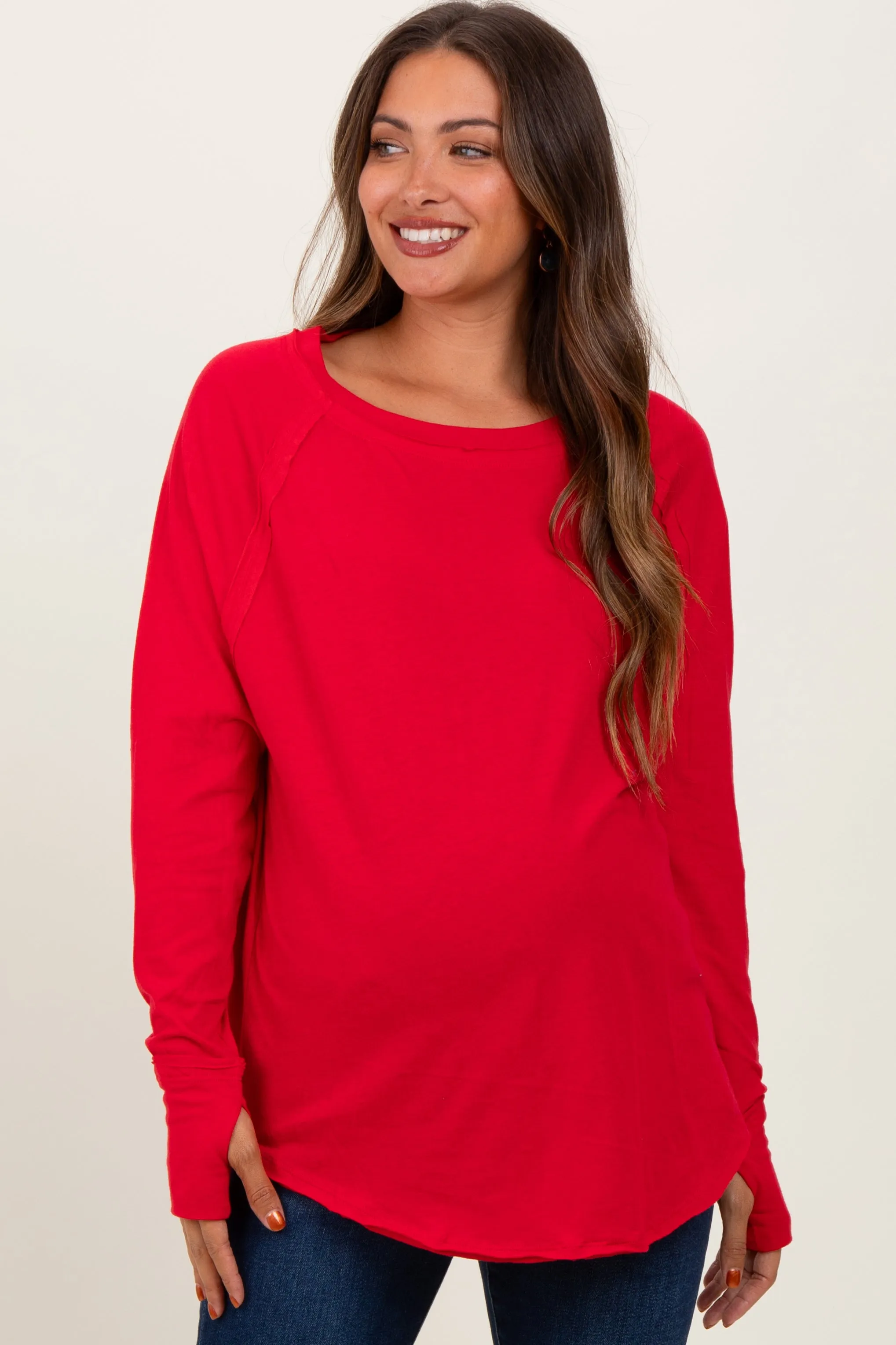 Red Exposed Seam Long Sleeve Maternity Top sold by Pinkblush