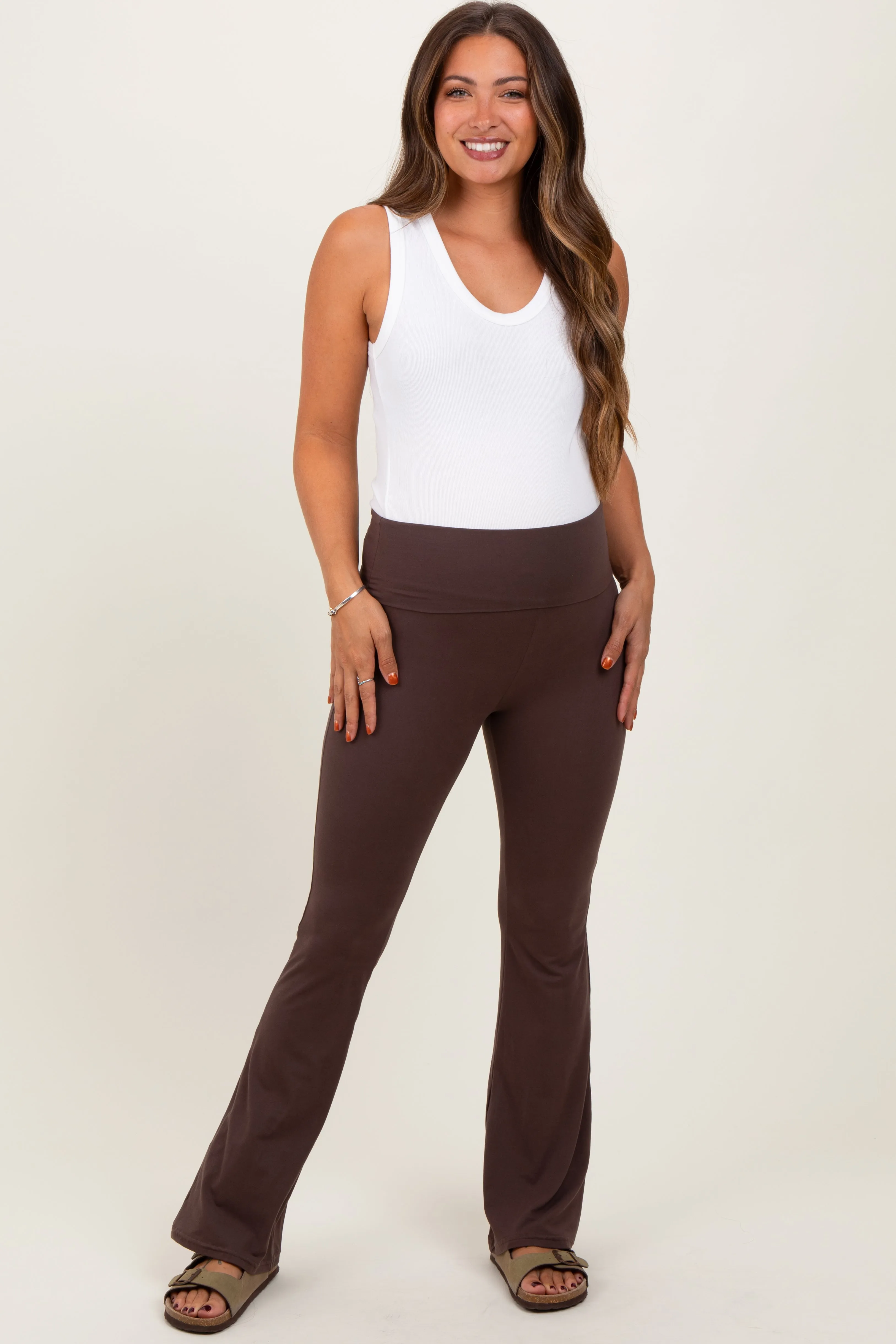 Brown Fold Over Waistband Maternity Flared Pants sold by Pinkblush product image thumbnail 2