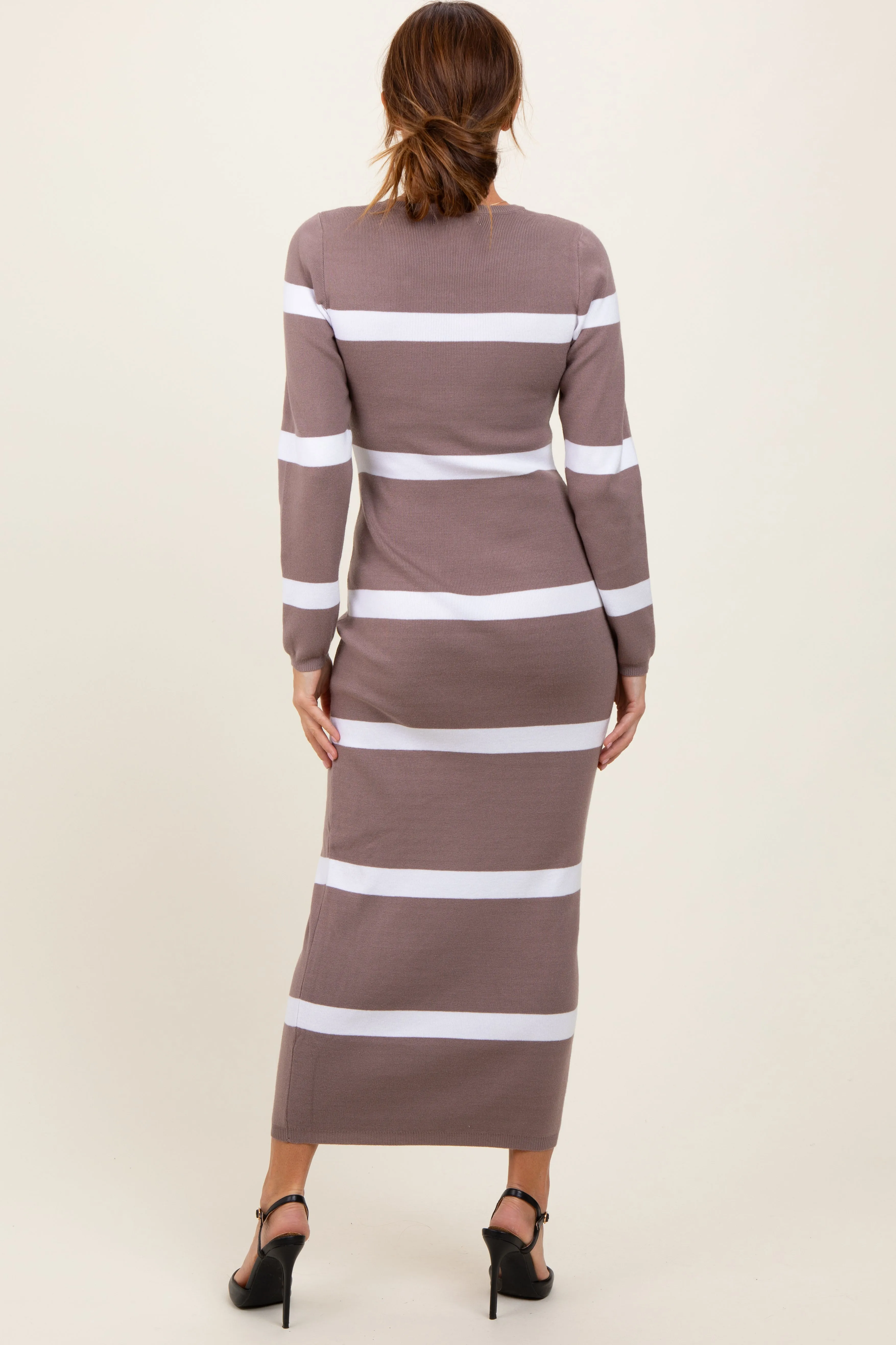 Mocha Striped Knit Long Sleeve Midi Sweater Dress sold by Pinkblush product image thumbnail 4