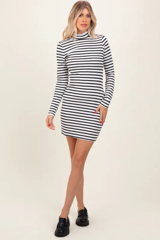 Ivory Striped Mock Neck Long Sleeve Fitted Dress sold by Pinkblush