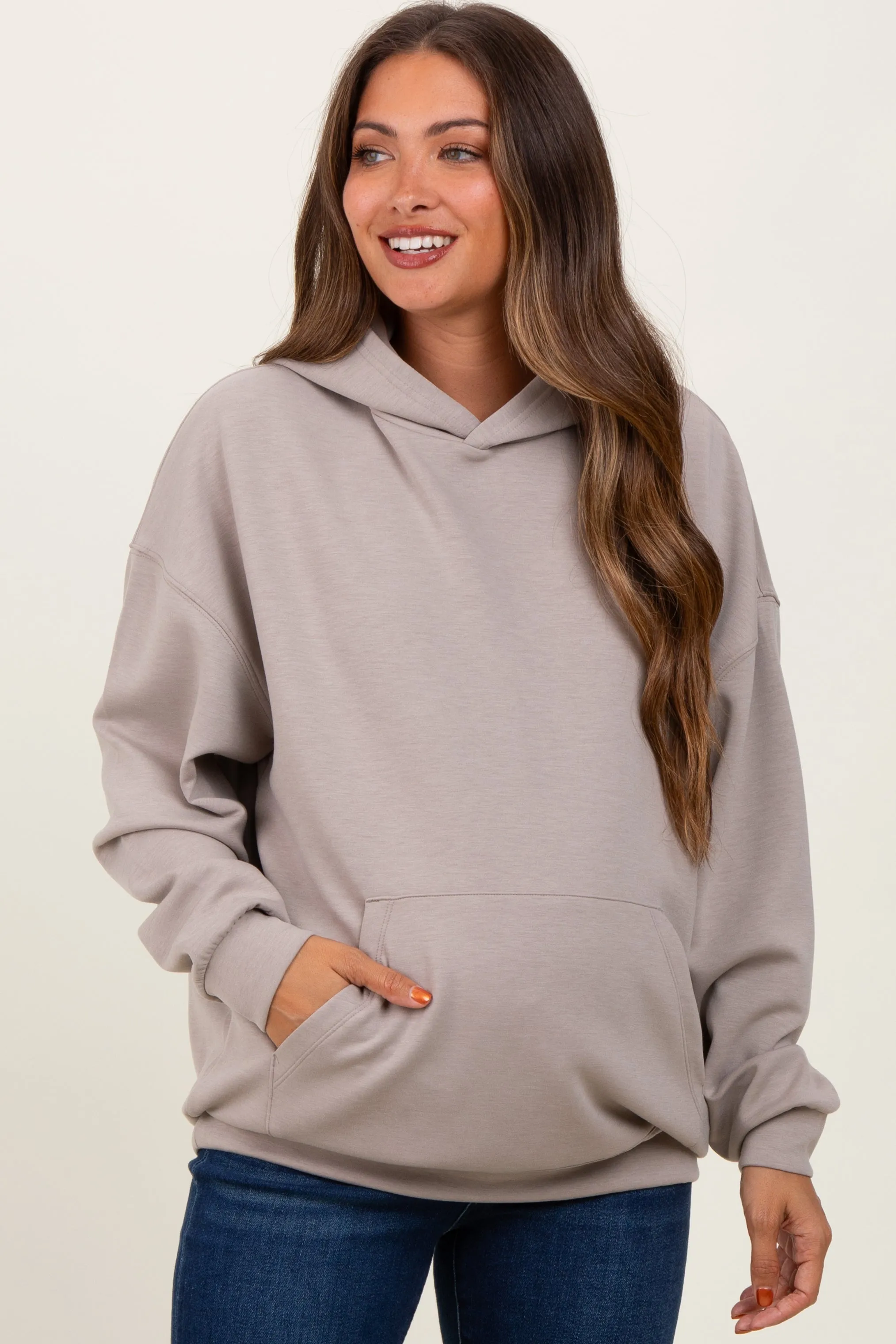 Beige Basic Maternity Hoodie Sweatshirt sold by Pinkblush