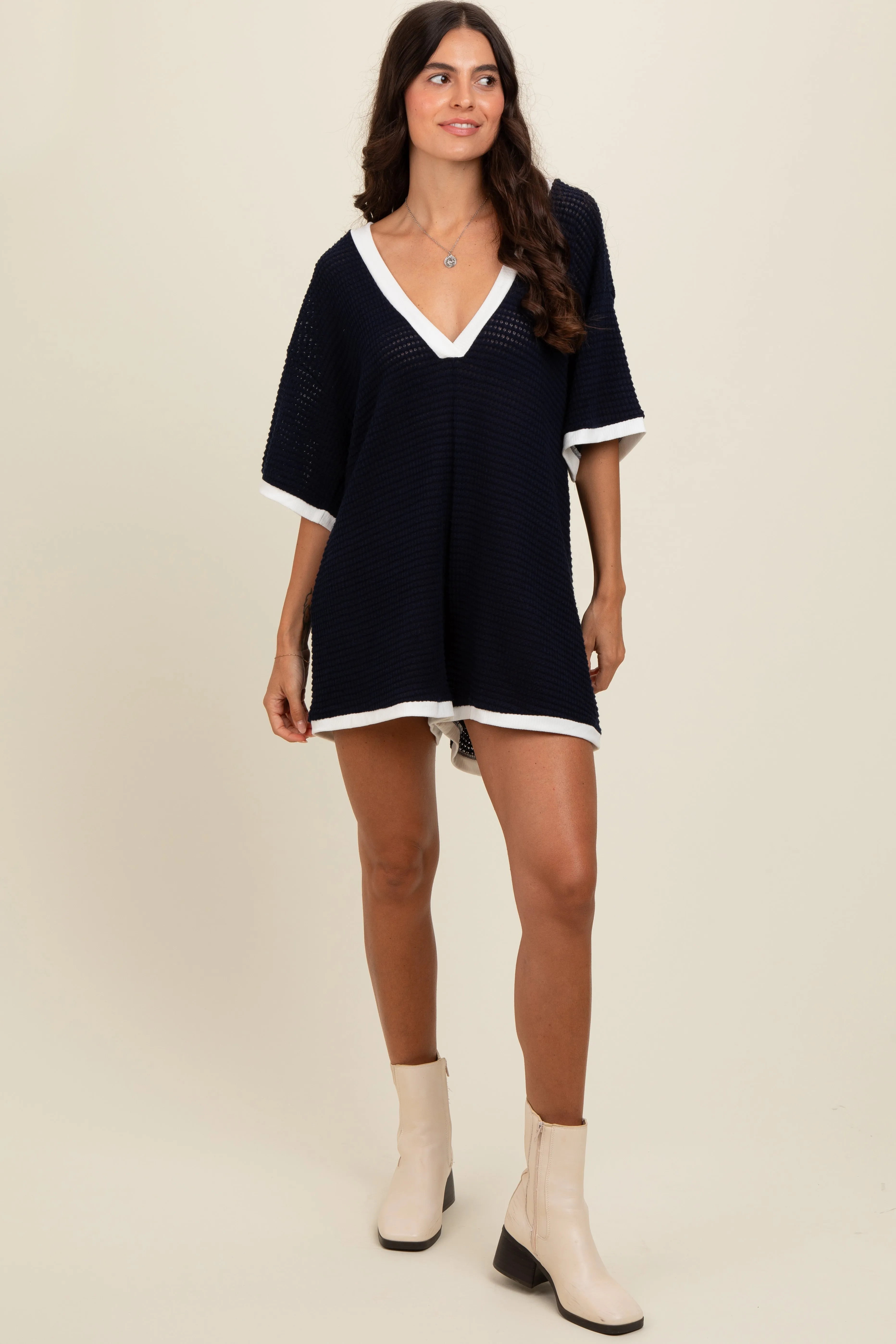 Navy Contrast Trim Deep V-Neck Romper sold by Pinkblush