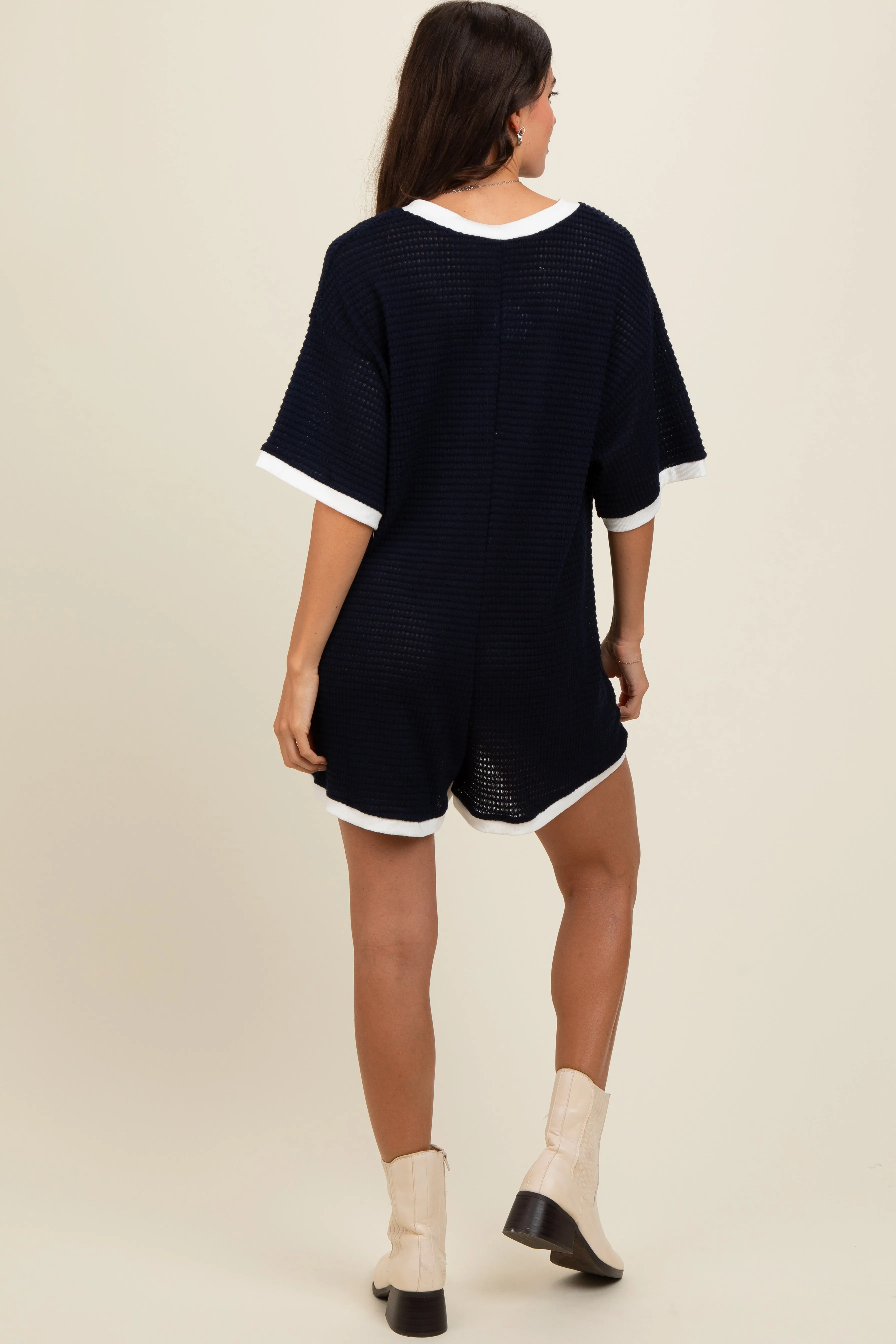 Navy Contrast Trim Deep V-Neck Romper sold by Pinkblush product image thumbnail 2