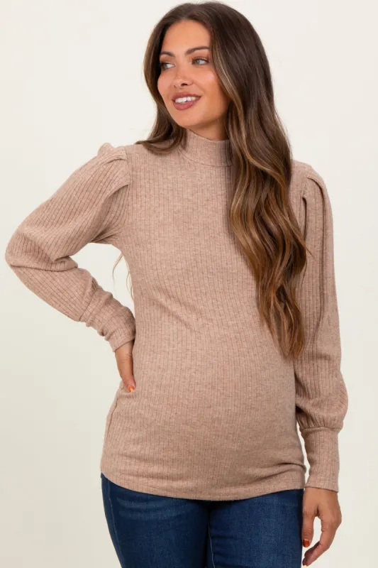 Mocha Ribbed Mock Neck Bubble Sleeve Maternity Top sold by Pinkblush