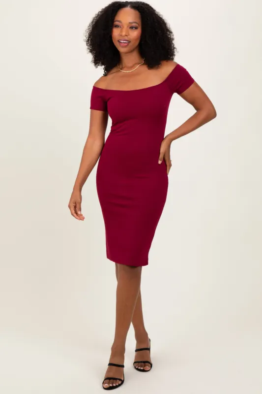 Burgundy Off Shoulder Fitted Midi Dress sold by Pinkblush