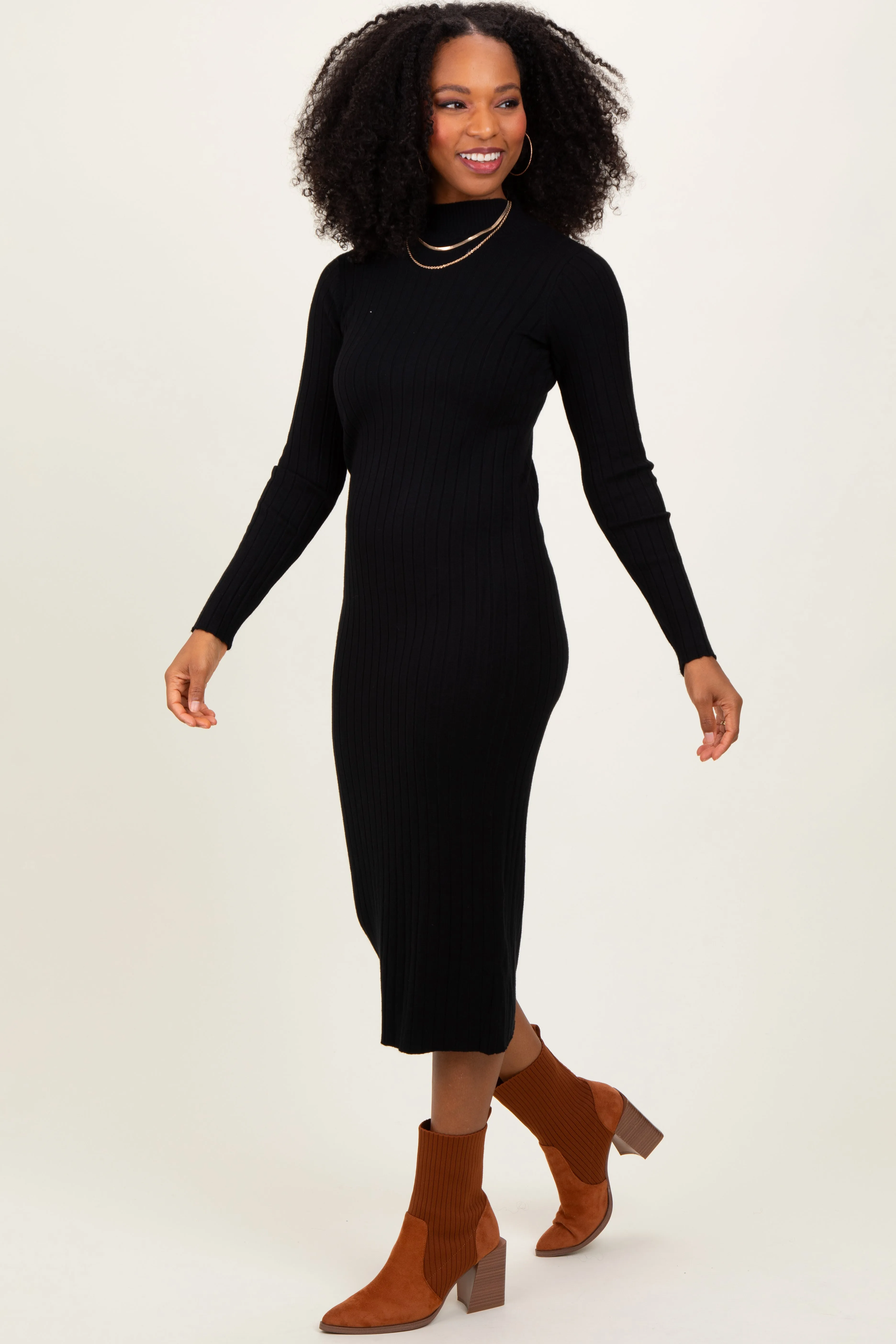 Black Mock Neck Ribbed Sweater Dress sold by Pinkblush product image thumbnail 3