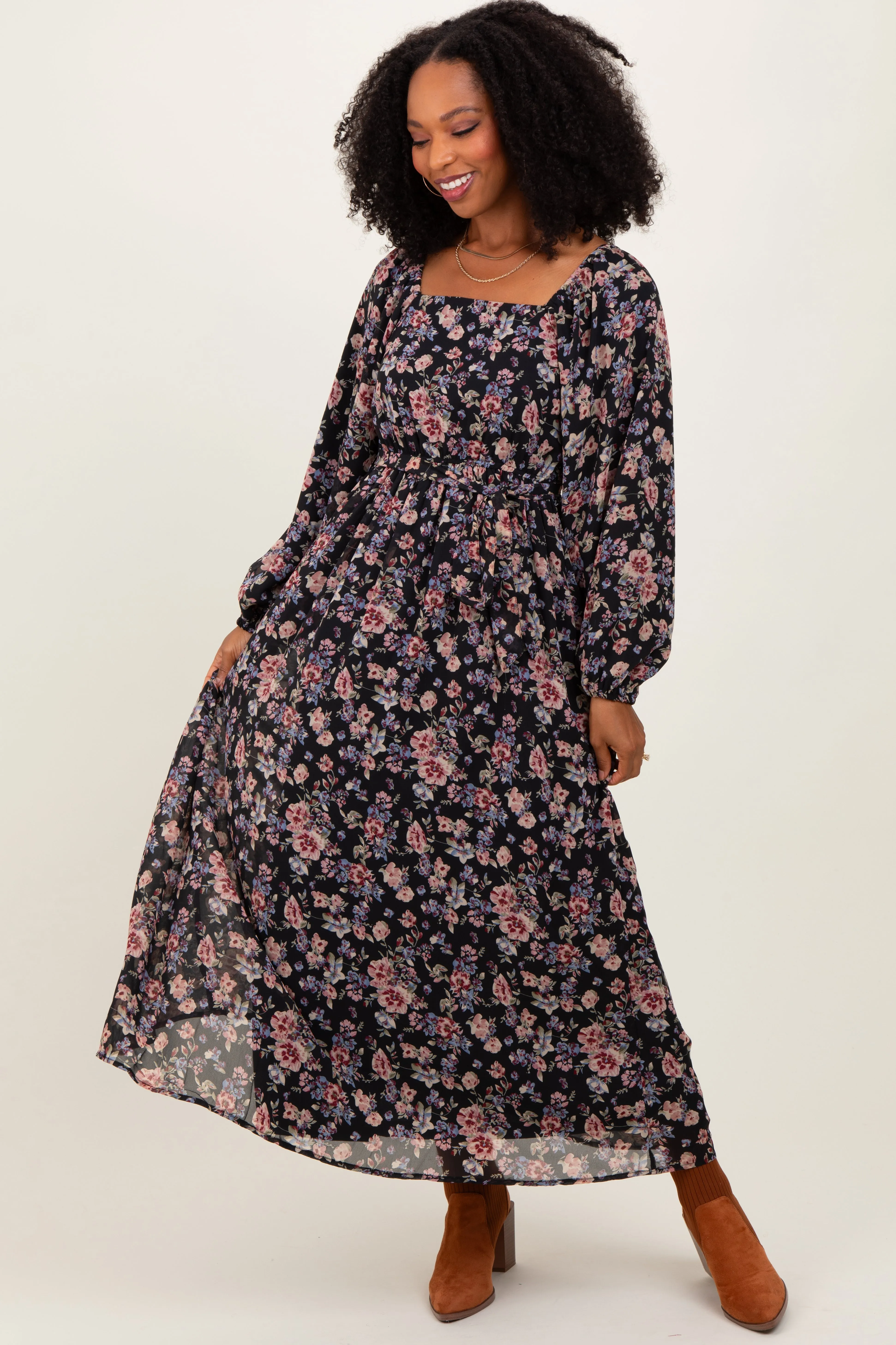 Black Floral Square Neck Front Tie Midi Dress sold by Pinkblush product image thumbnail 2