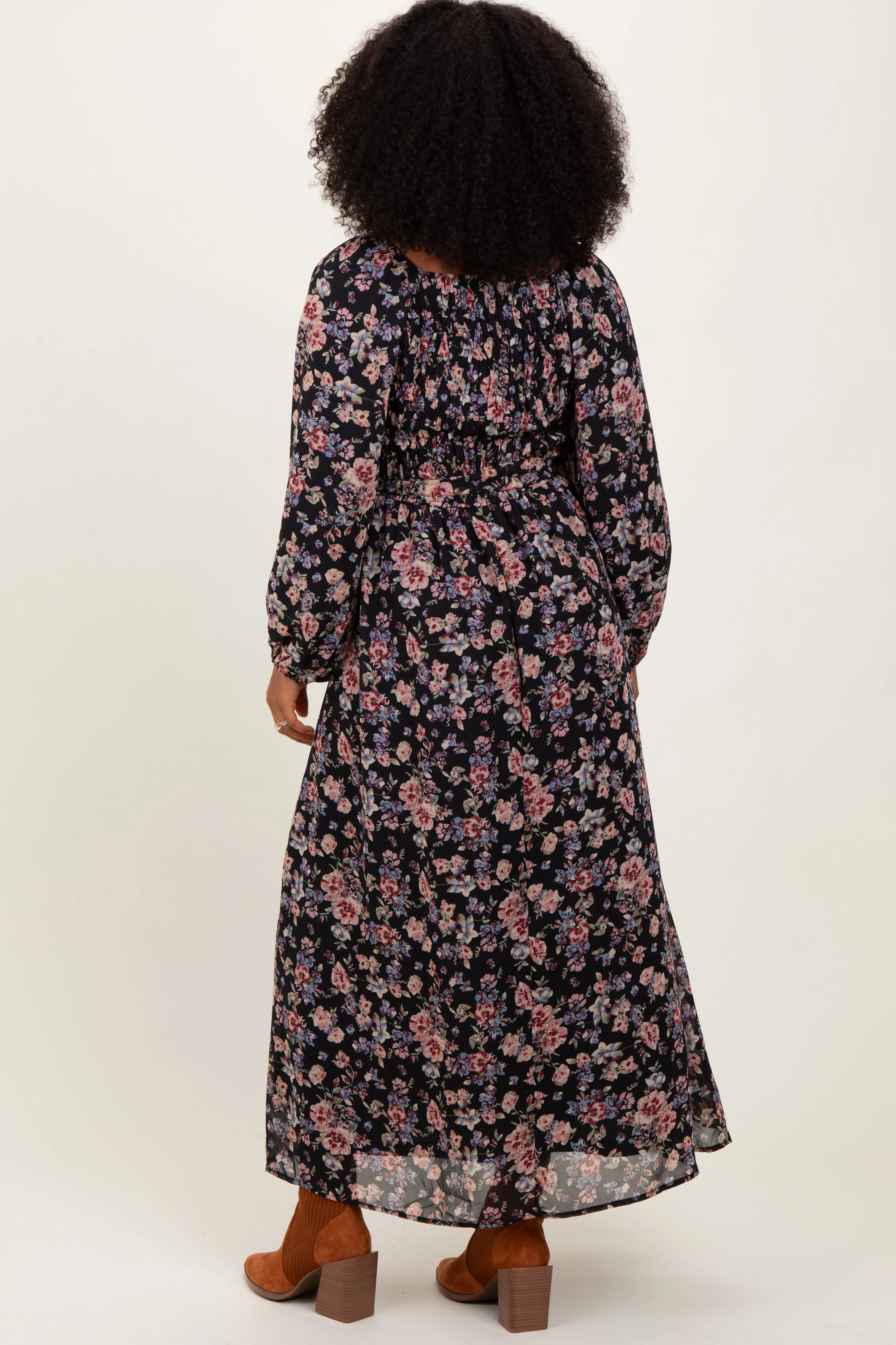 Black Floral Square Neck Front Tie Midi Dress sold by Pinkblush product image thumbnail 3
