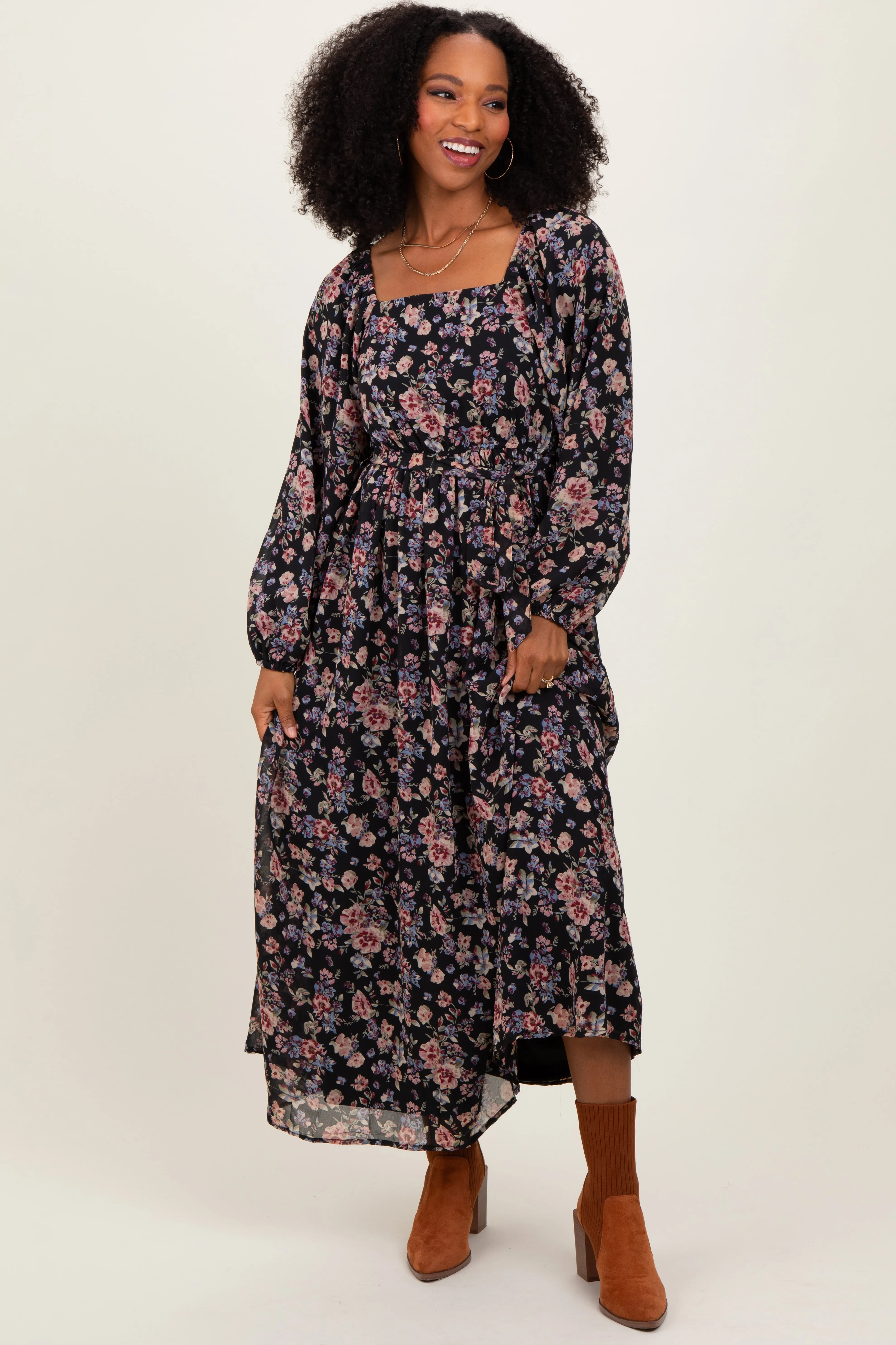 Black Floral Square Neck Front Tie Midi Dress sold by Pinkblush