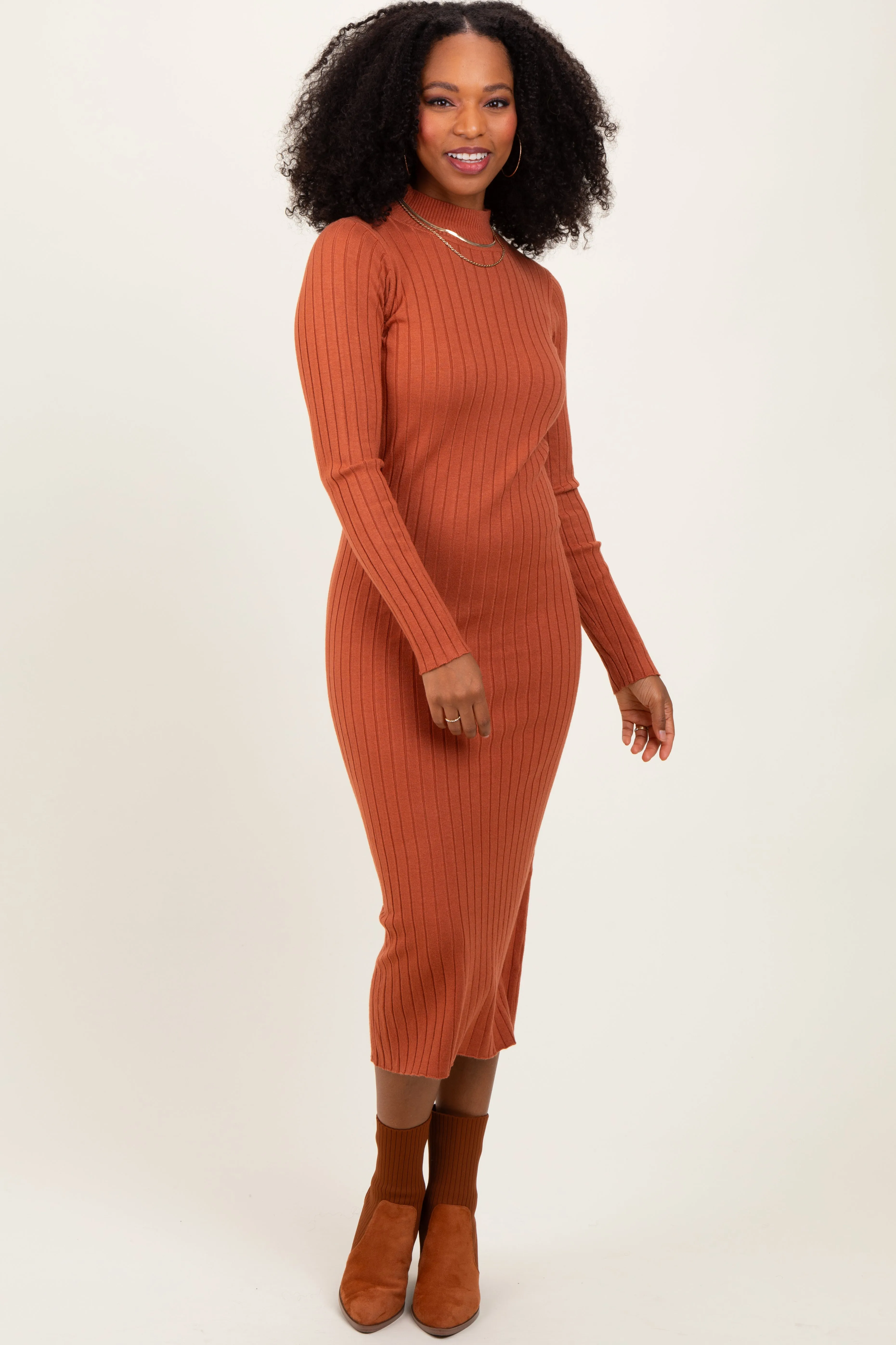 Rust Mock Neck Ribbed Sweater Dress sold by Pinkblush