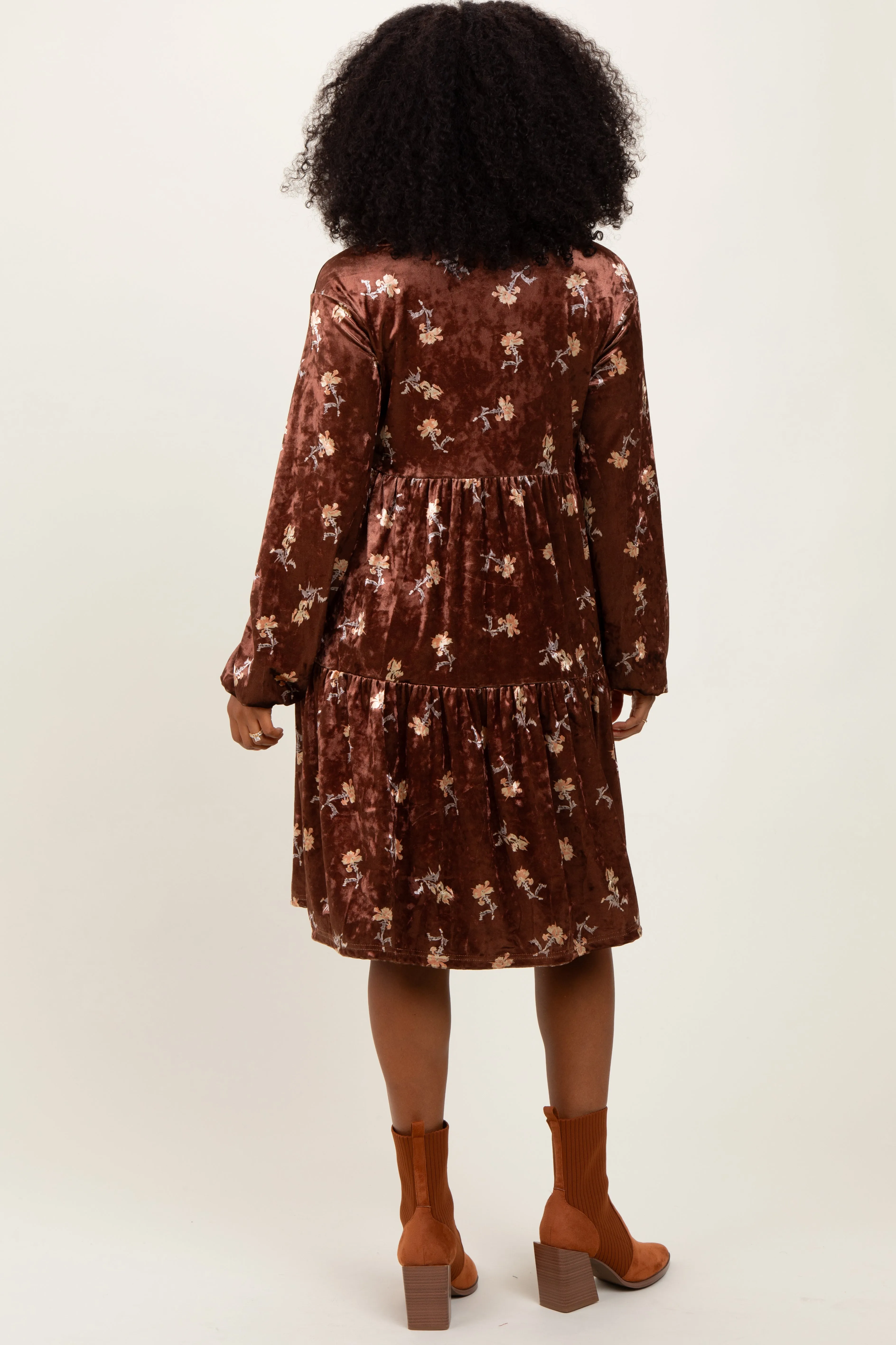 Brown Floral Velvet Button Down Midi Dress sold by Pinkblush product image thumbnail 4