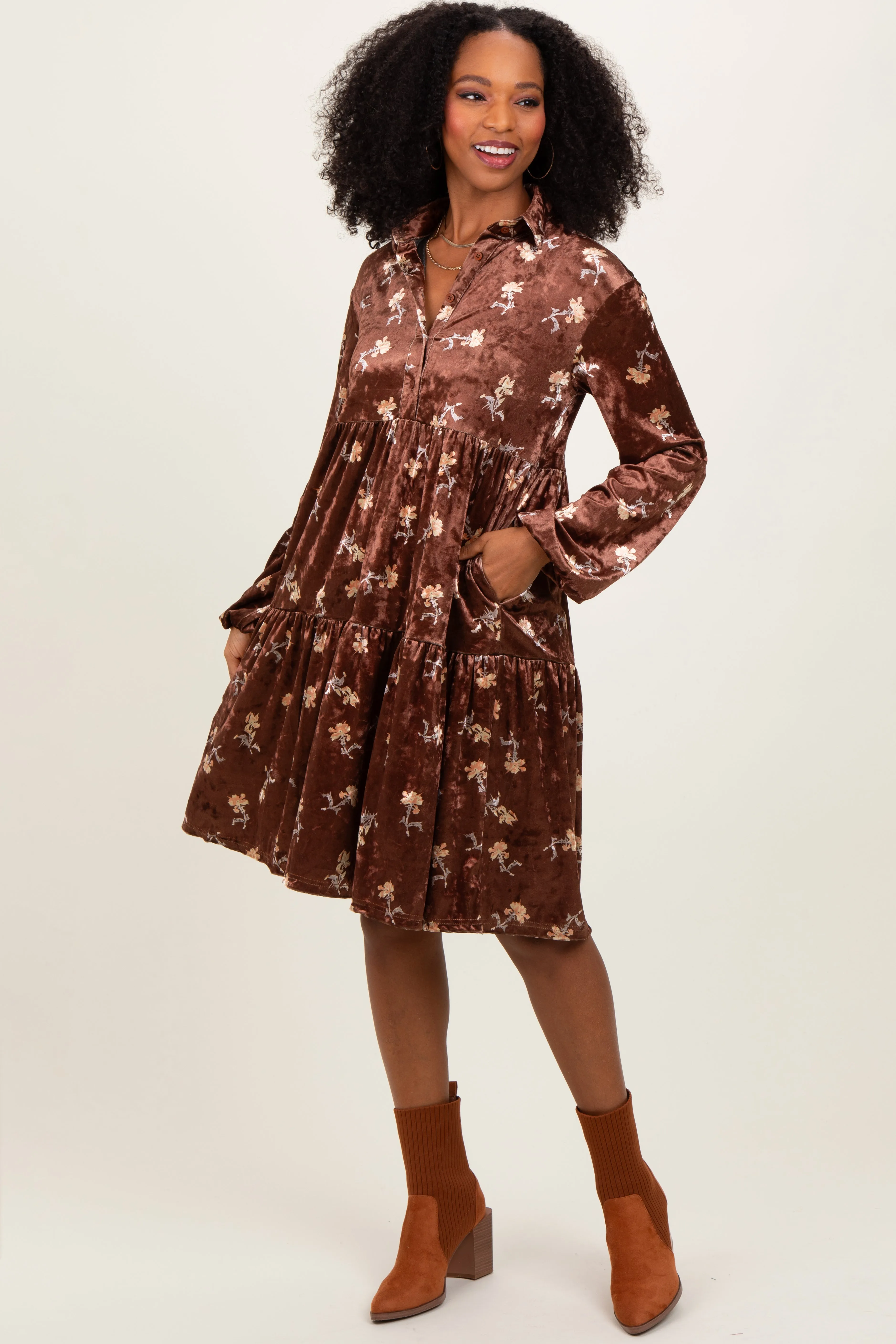 Brown Floral Velvet Button Down Midi Dress sold by Pinkblush