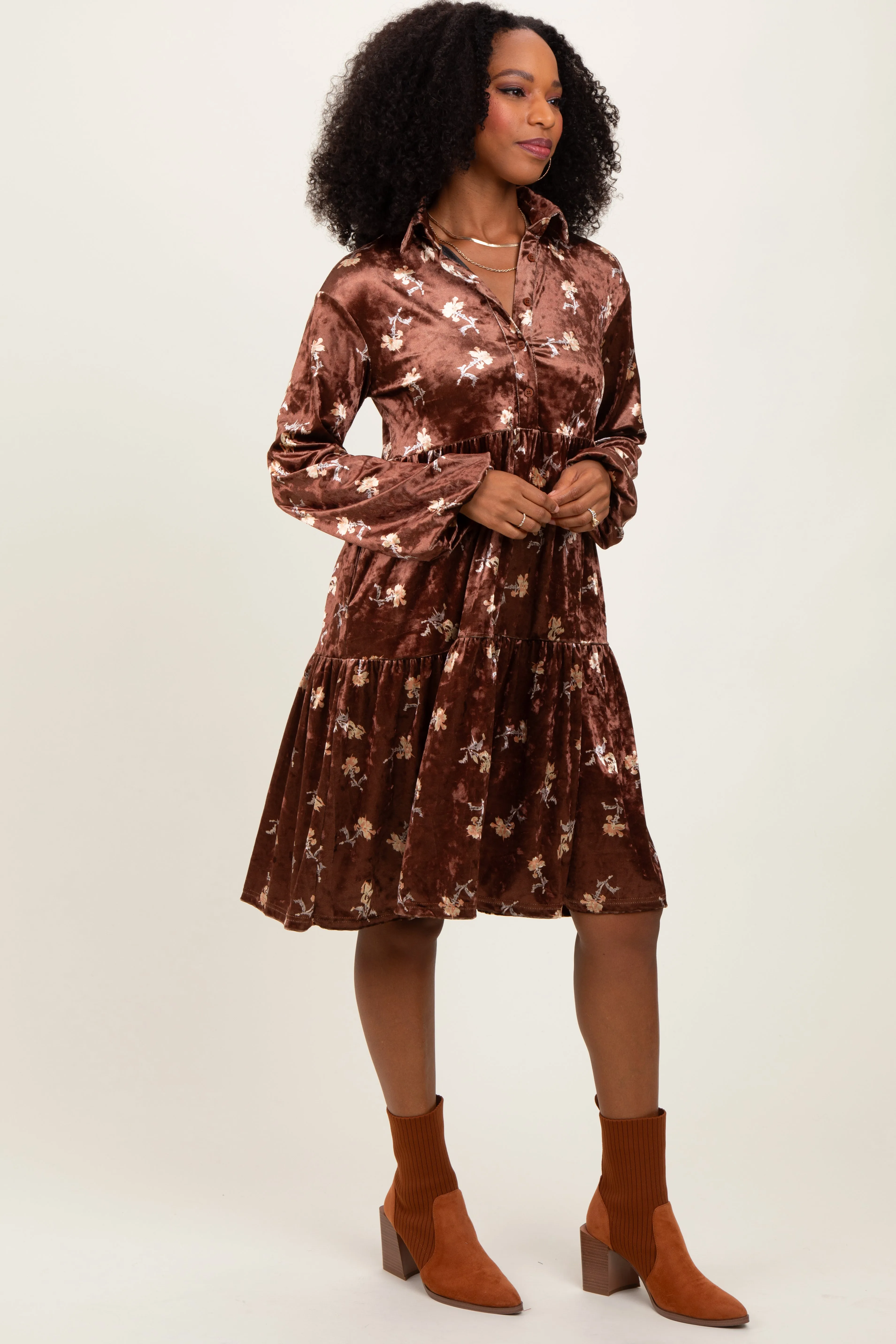 Brown Floral Velvet Button Down Midi Dress sold by Pinkblush product image thumbnail 3