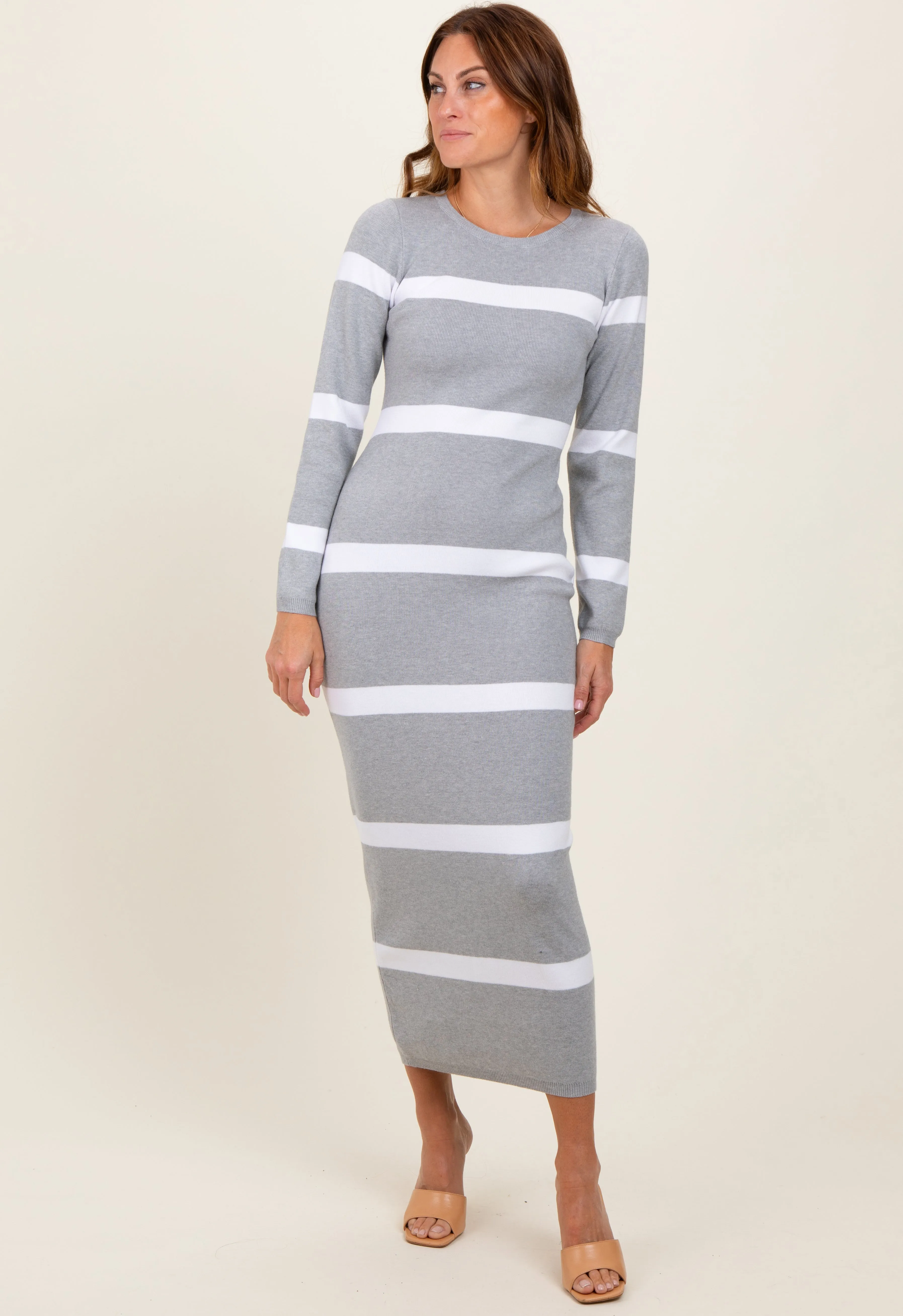 Heather Grey Striped Knit Long Sleeve Midi Sweater Dress sold by Pinkblush