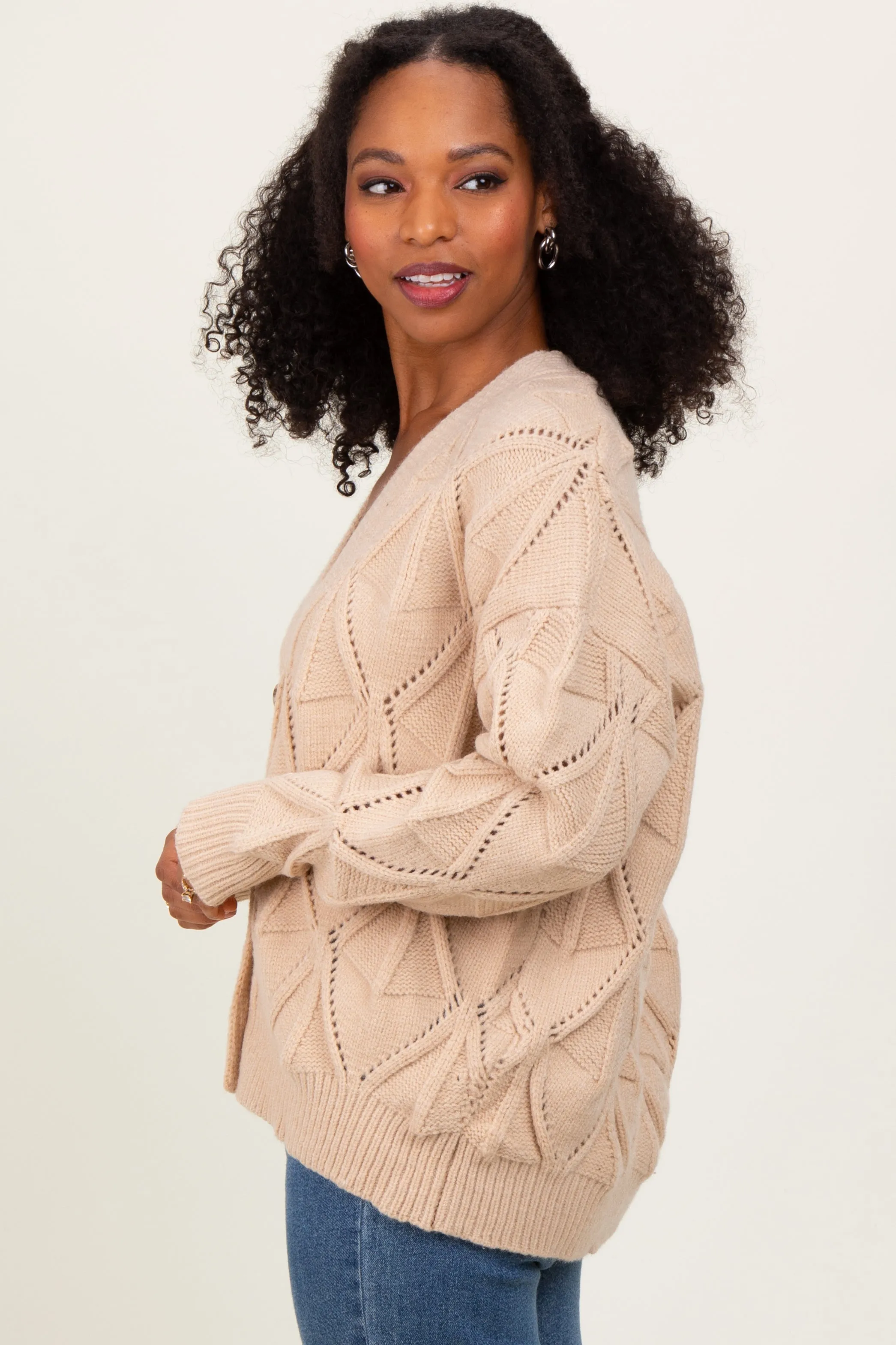 Beige Diamond Knit Button Up Sweater Cardigan sold by Pinkblush product image thumbnail 2