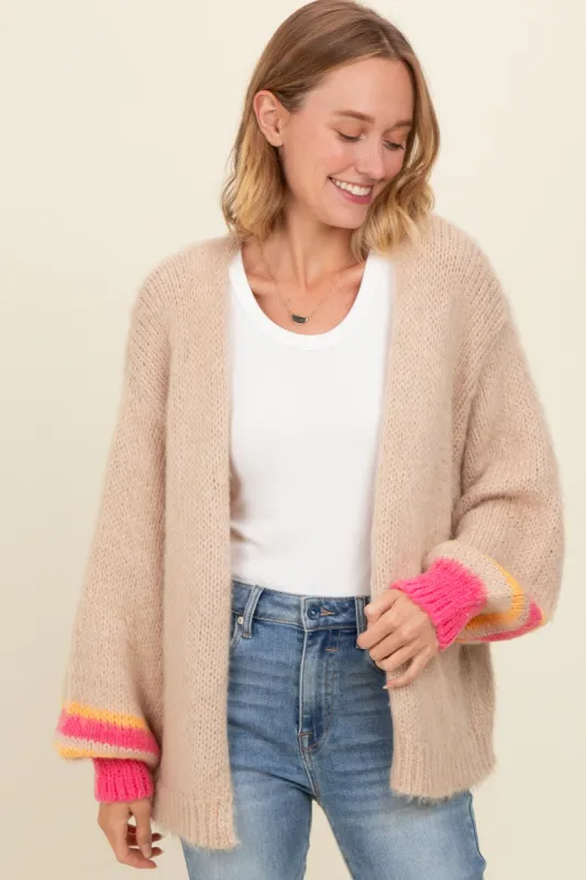 Beige Brushed Knit Striped Sleeve Cardigan sold by Pinkblush