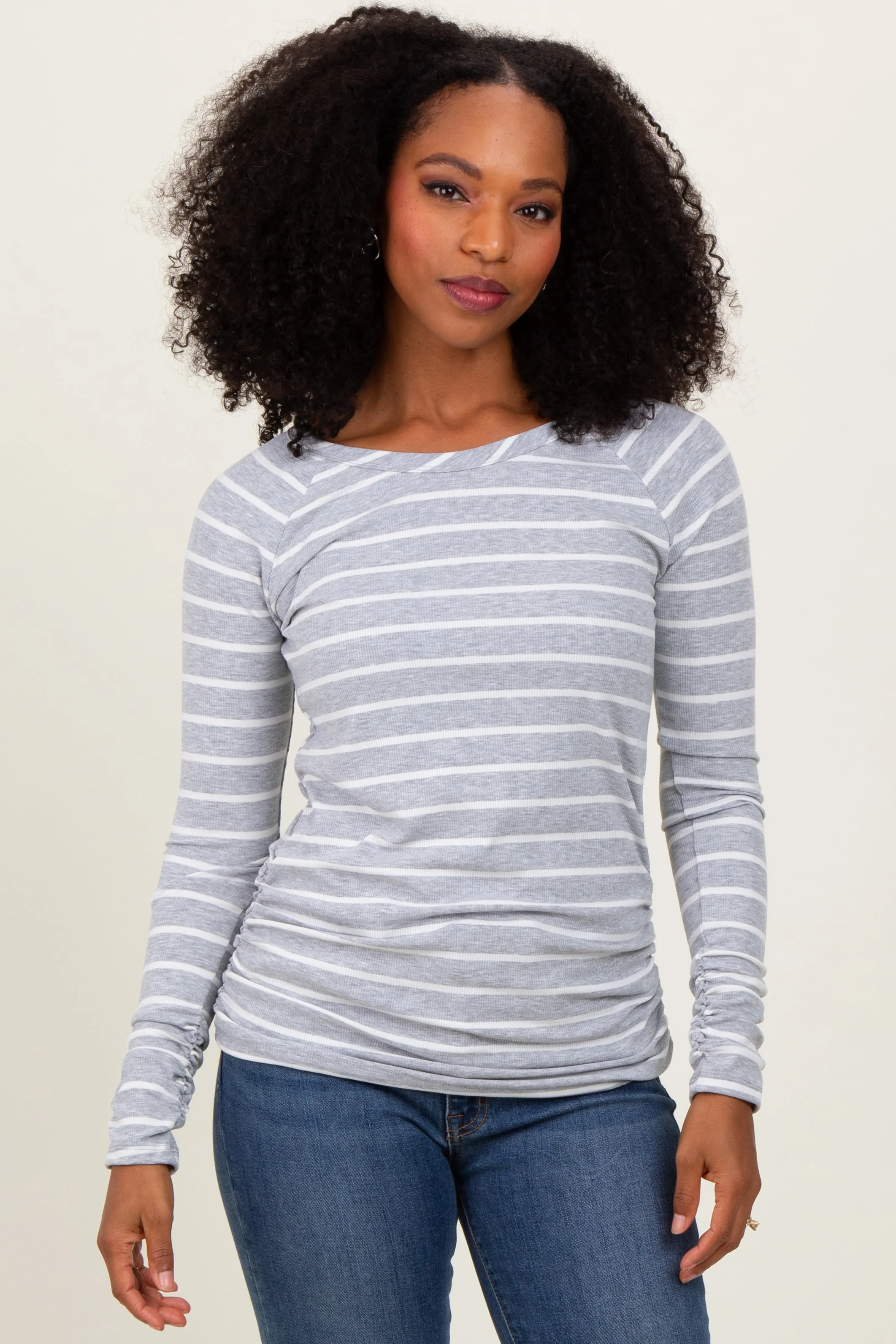 Grey Striped Ruched Side Long Sleeve Top sold by Pinkblush product image thumbnail 2
