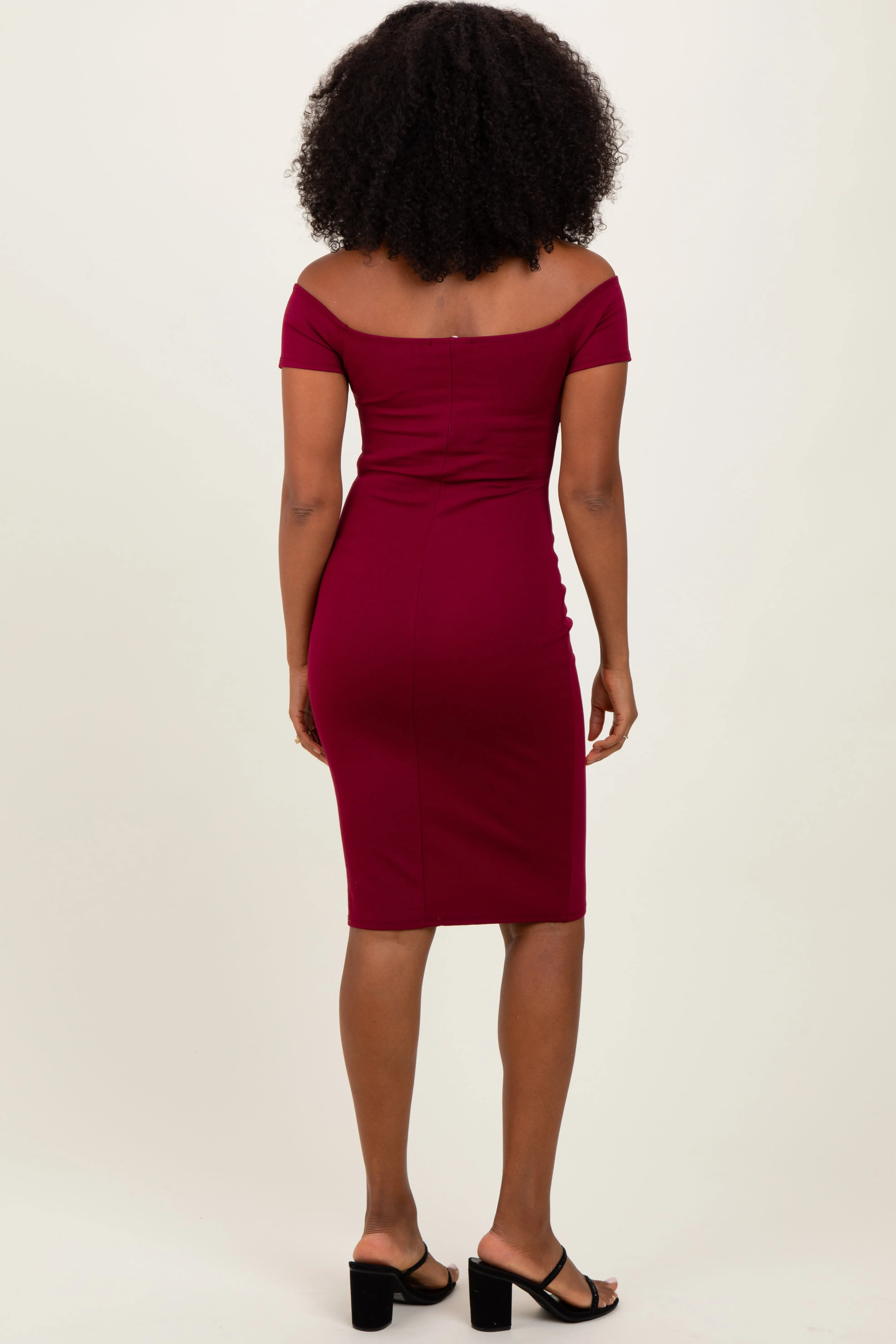 Burgundy Off Shoulder Fitted Midi Dress sold by Pinkblush product image thumbnail 4