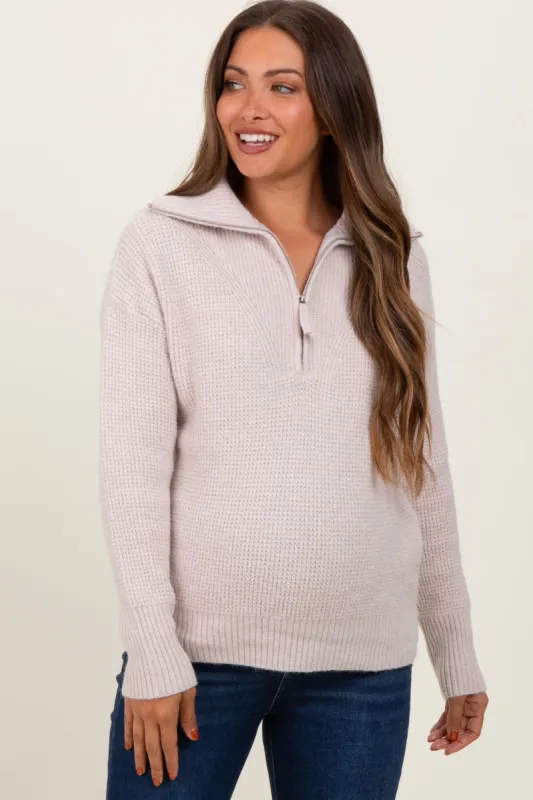 Beige Half Zip Maternity Pullover Sweater sold by Pinkblush