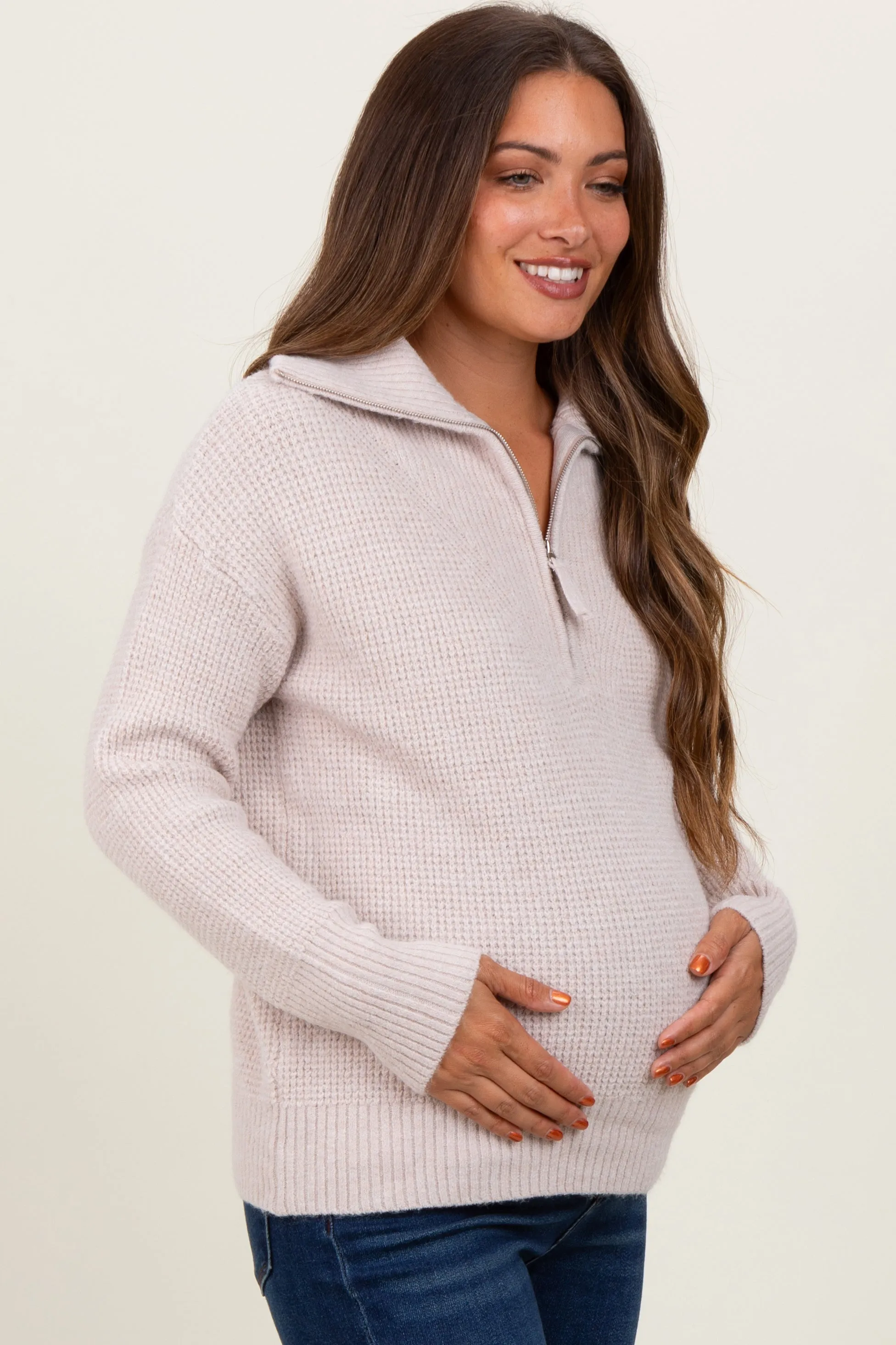 Beige Half Zip Maternity Pullover Sweater sold by Pinkblush product image thumbnail 3