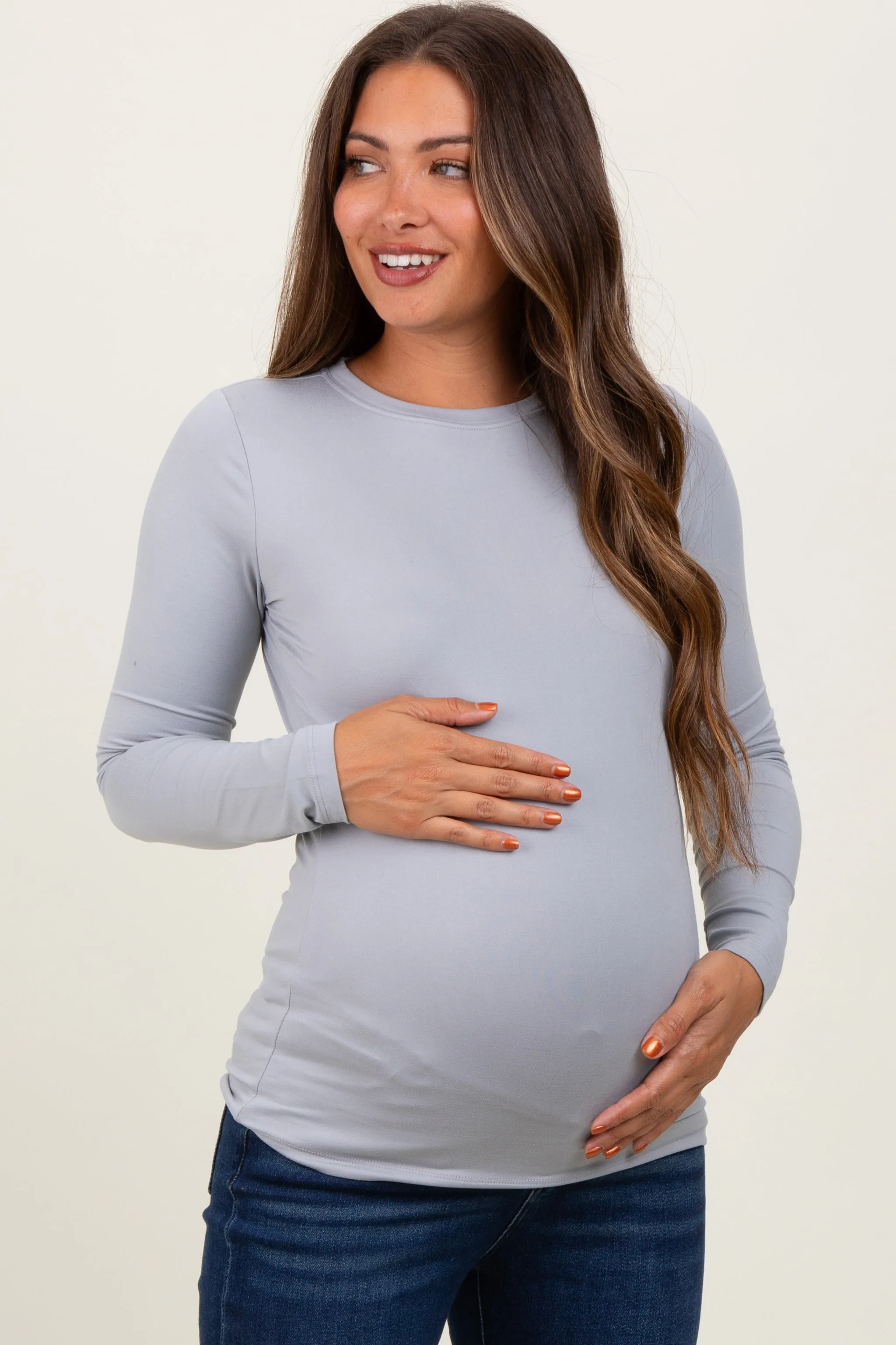 Heather Grey Basic Long Sleeve Maternity Top sold by Pinkblush