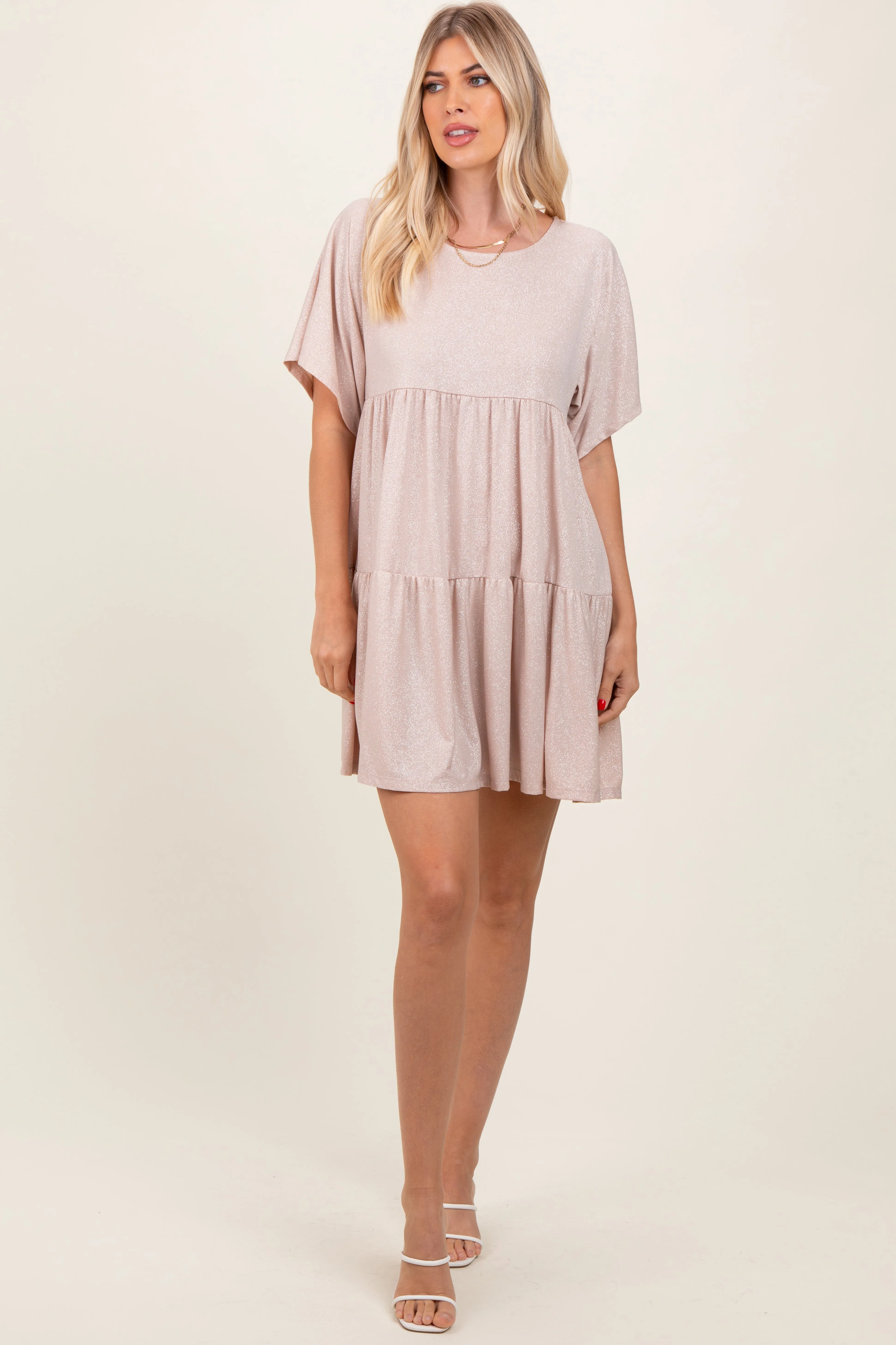 Beige Glitter Flutter Sleeve Tiered Dress sold by Pinkblush product image thumbnail 4