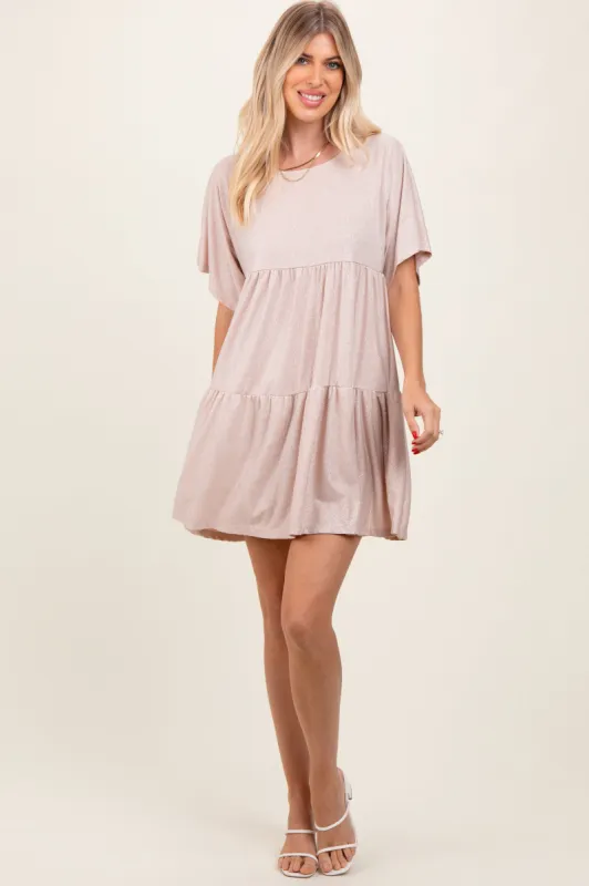 Beige Glitter Flutter Sleeve Tiered Dress sold by Pinkblush