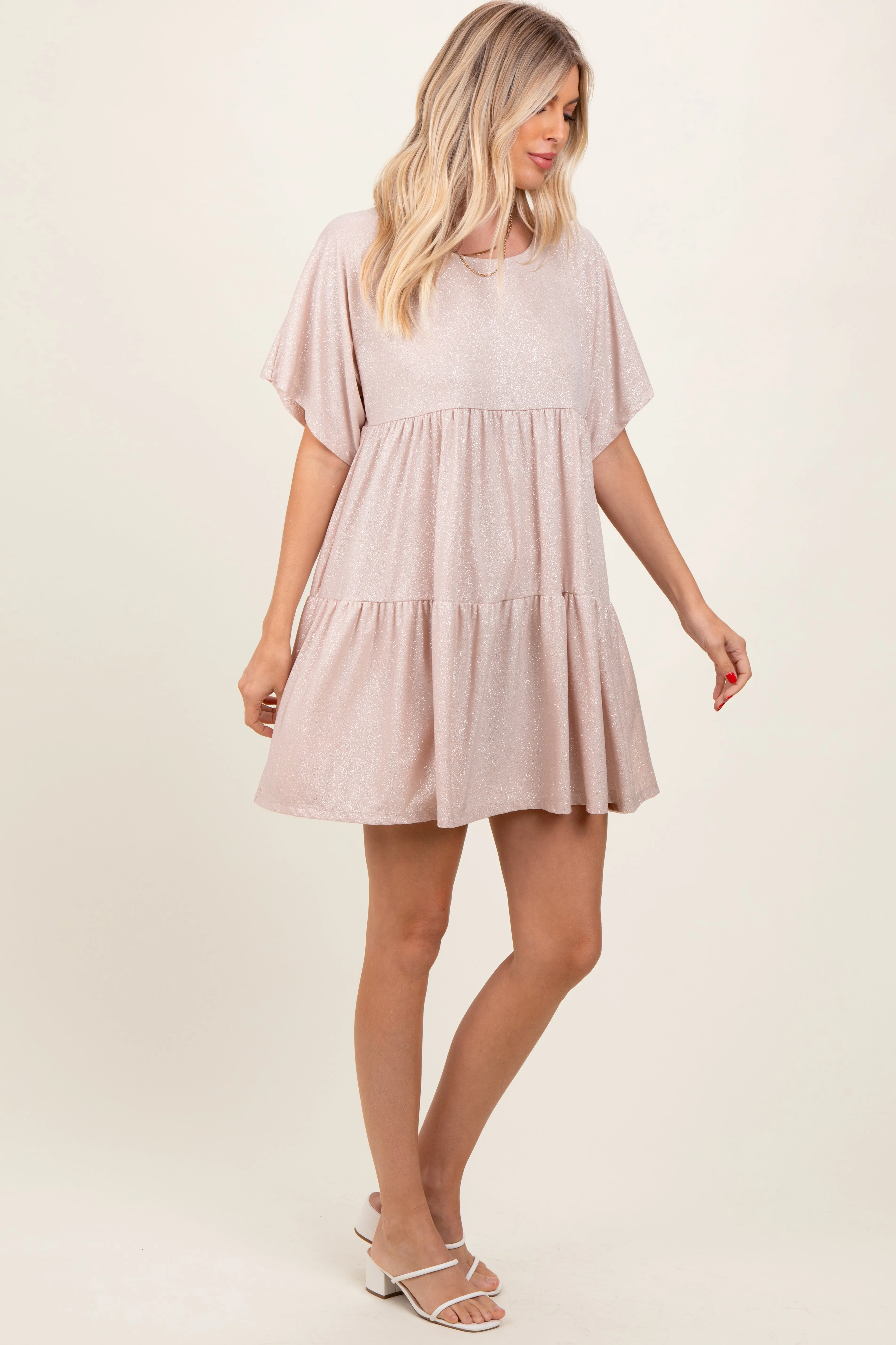 Beige Glitter Flutter Sleeve Tiered Dress sold by Pinkblush product image thumbnail 2