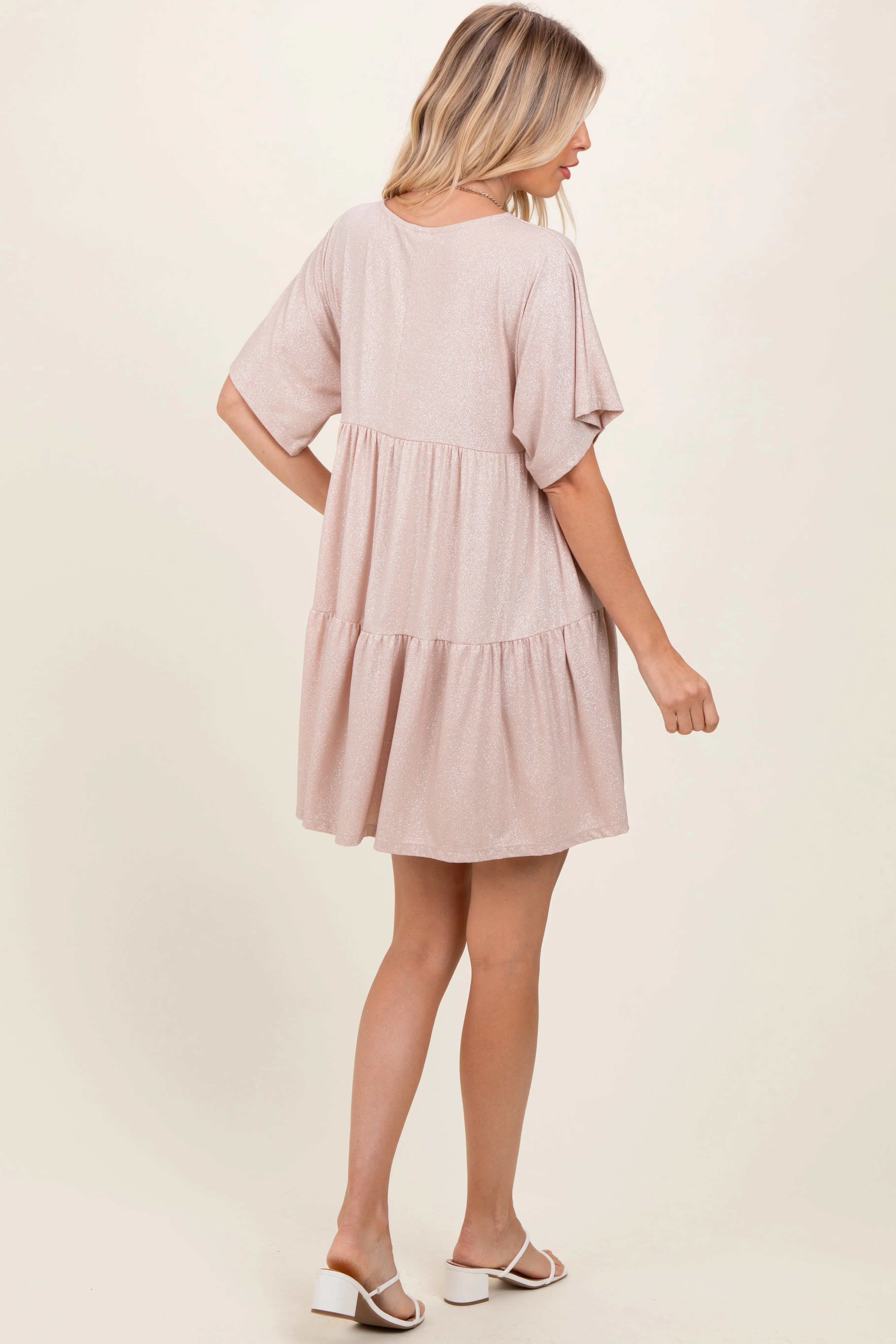 Beige Glitter Flutter Sleeve Tiered Dress sold by Pinkblush product image thumbnail 3