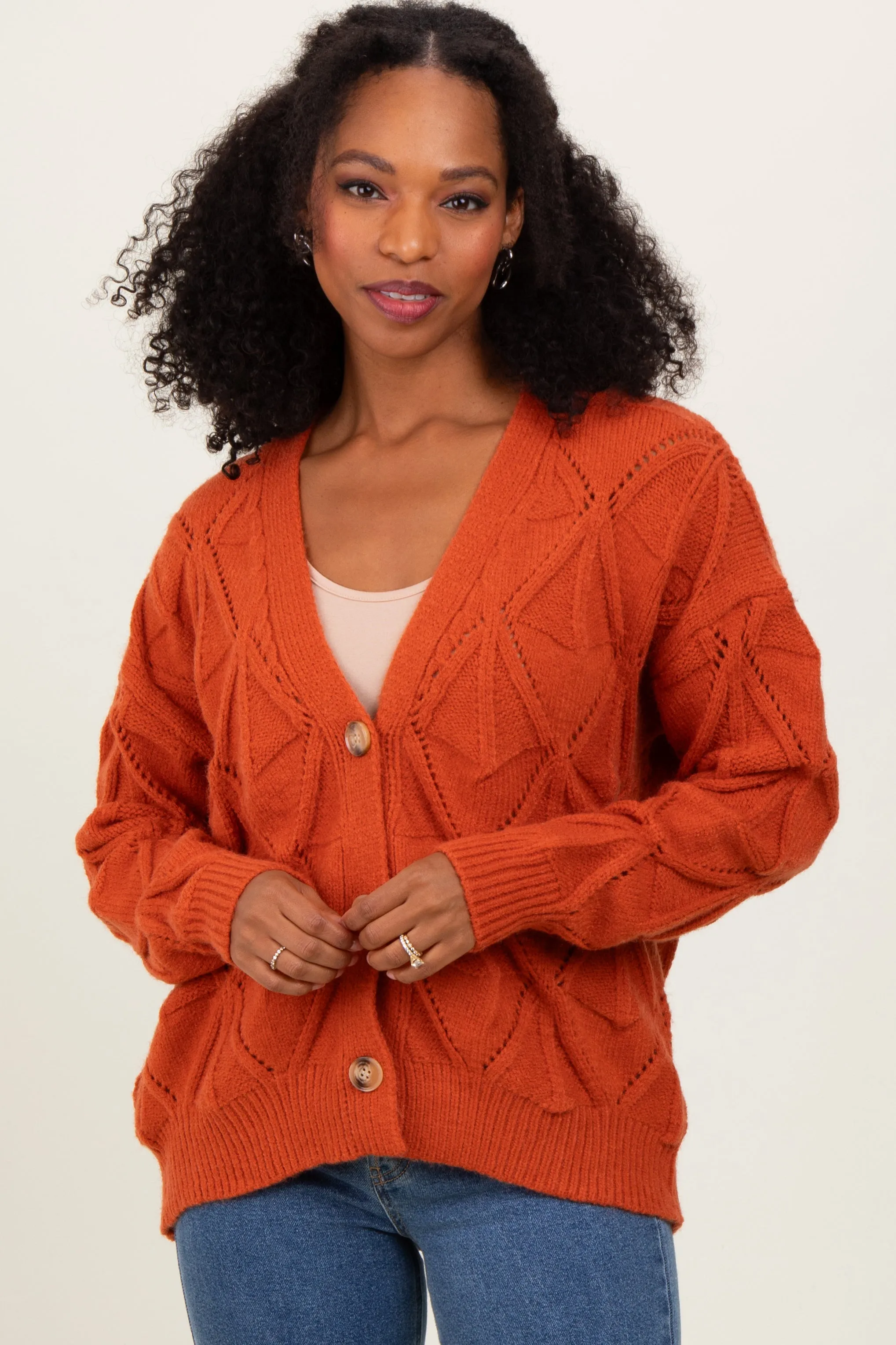 Rust Diamond Knit Button Up Sweater Cardigan sold by Pinkblush