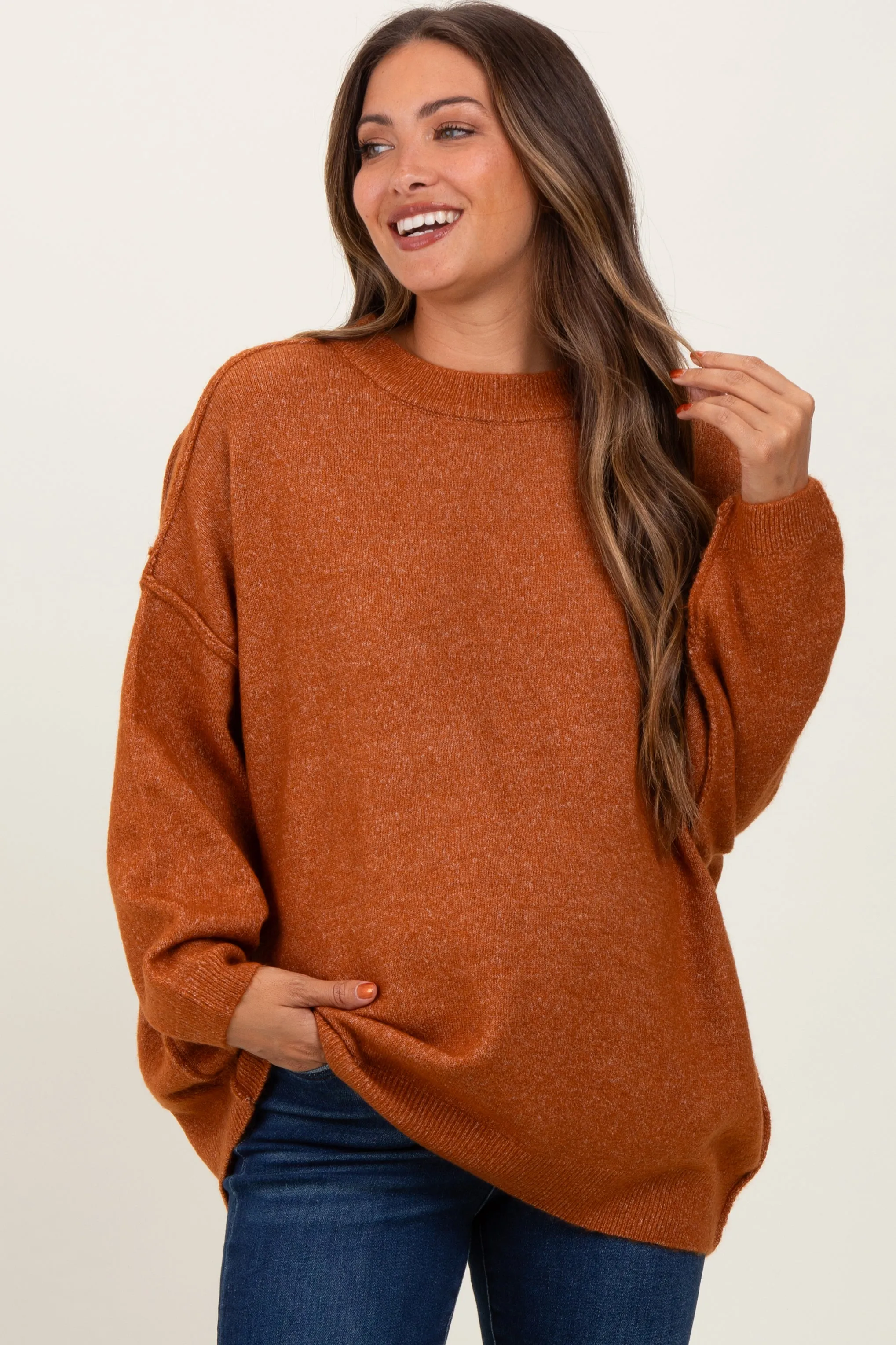 Camel Oversized Crewneck Melange Knit Maternity Sweater sold by Pinkblush
