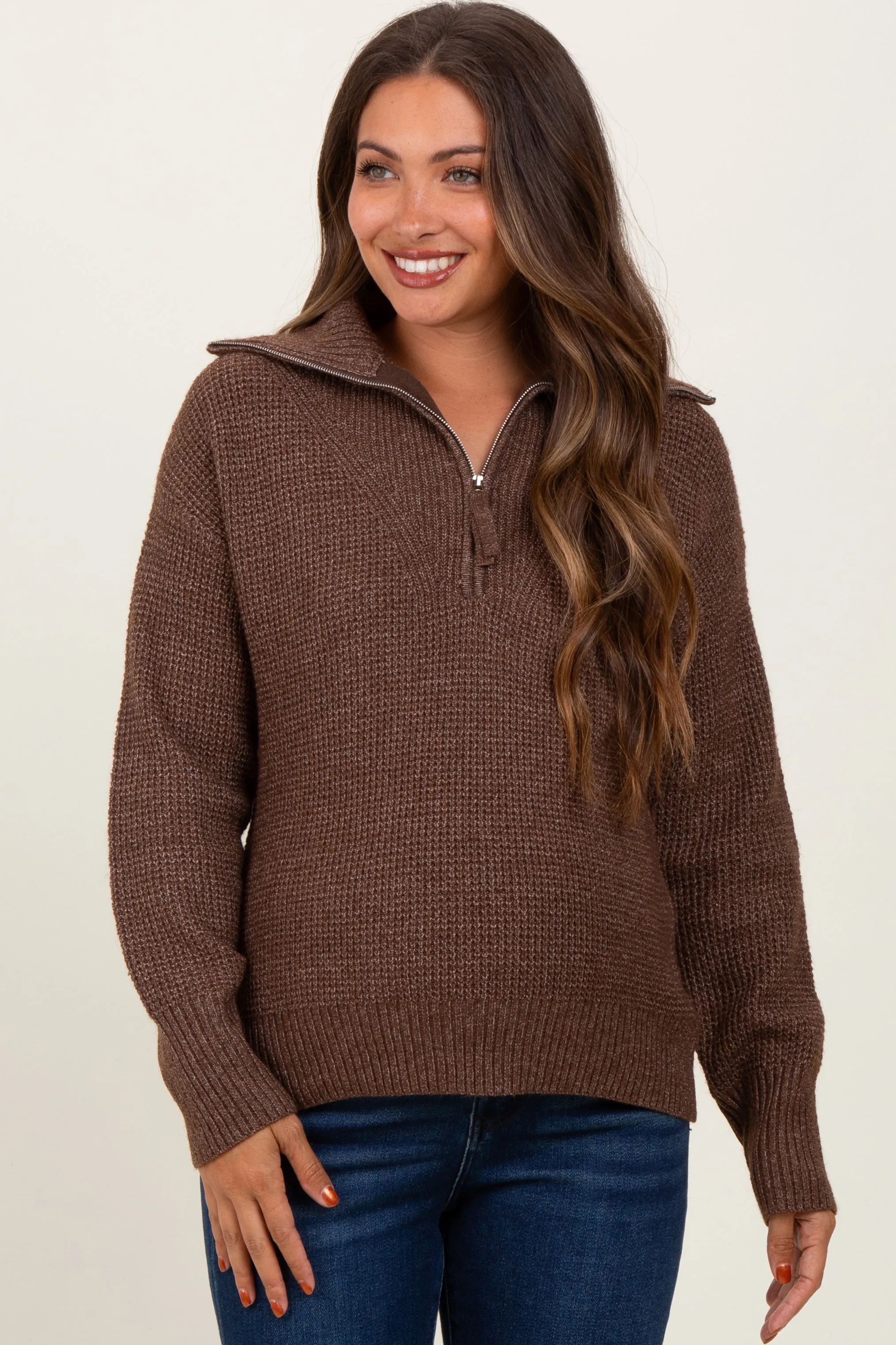 Brown Half Zip Maternity Pullover Sweater sold by Pinkblush