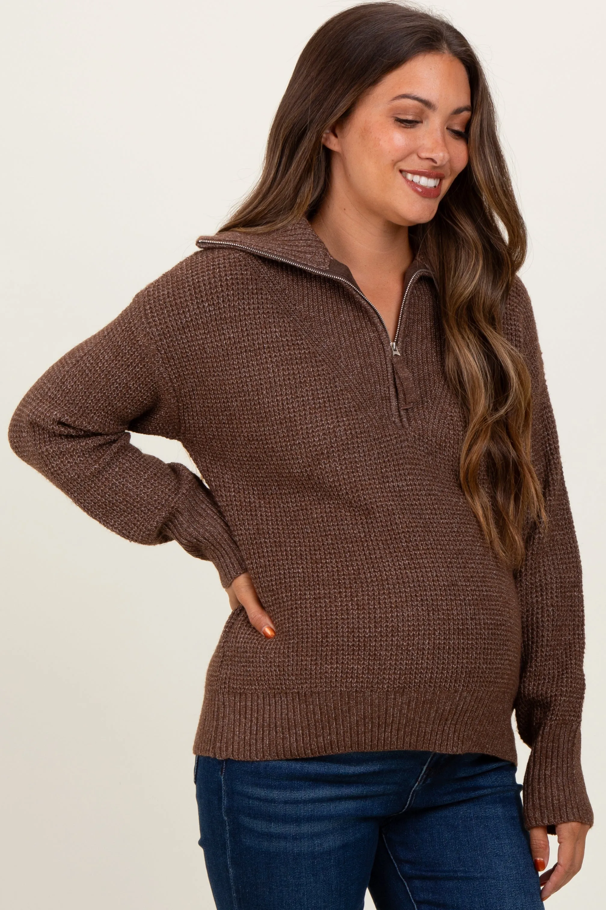 Brown Half Zip Maternity Pullover Sweater sold by Pinkblush product image thumbnail 2
