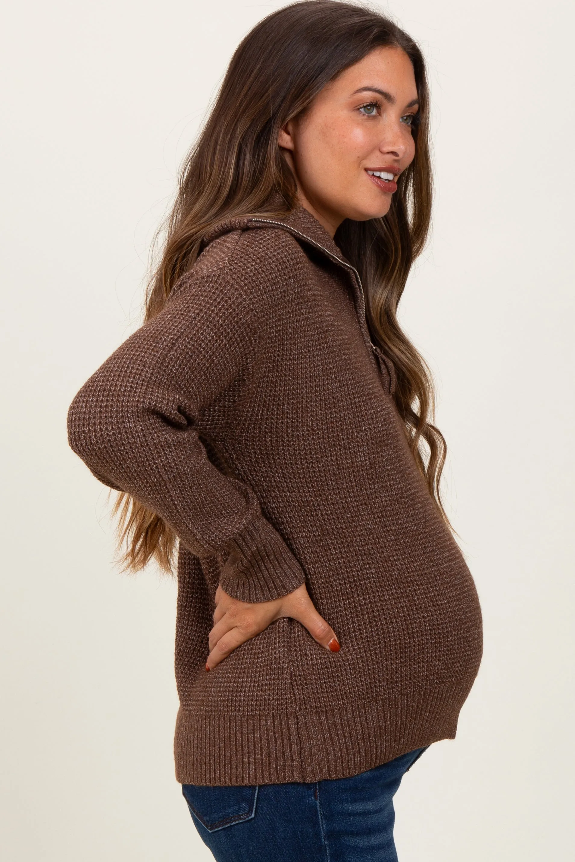 Brown Half Zip Maternity Pullover Sweater sold by Pinkblush product image thumbnail 3