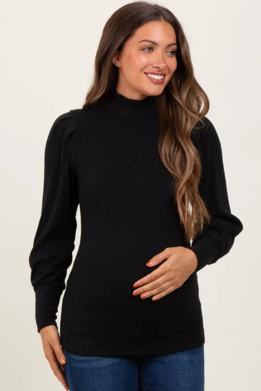 Black Ribbed Mock Neck Bubble Sleeve Maternity Top sold by Pinkblush